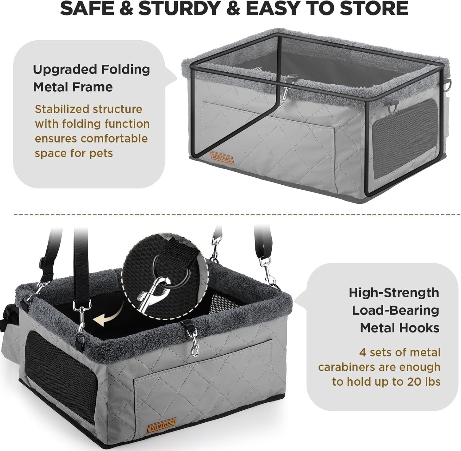 Dog Booster Car Seat Metal Frame Waterproof Travel Carrier 20lb Grey