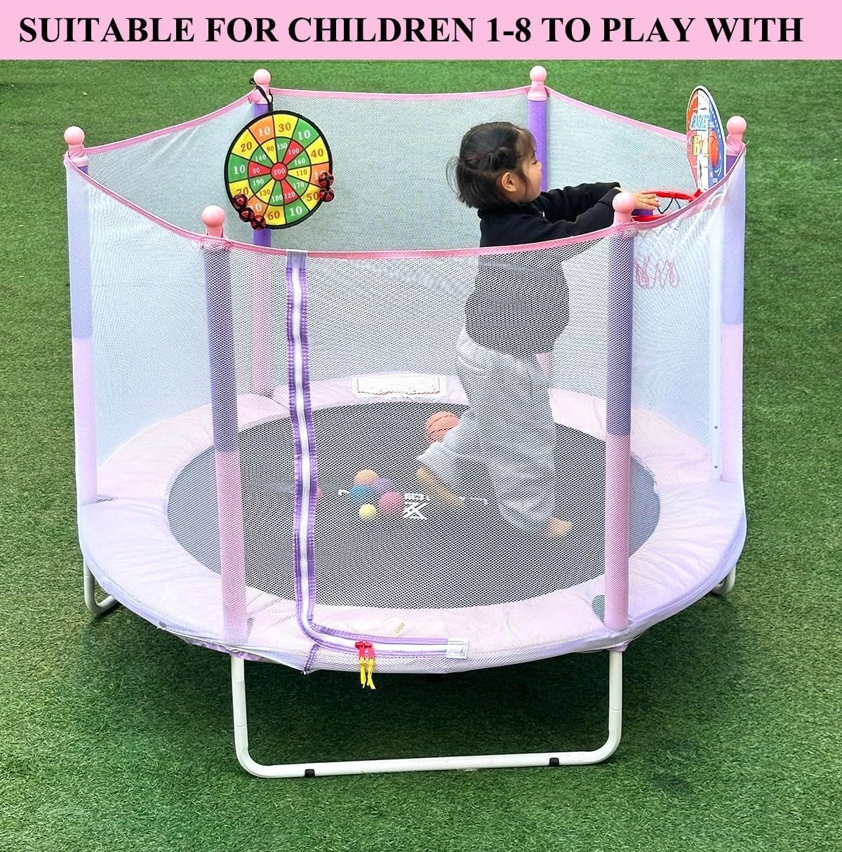 Kids Trampoline with Basketball Hoop Safety Net Indoor Outdoor 145cm