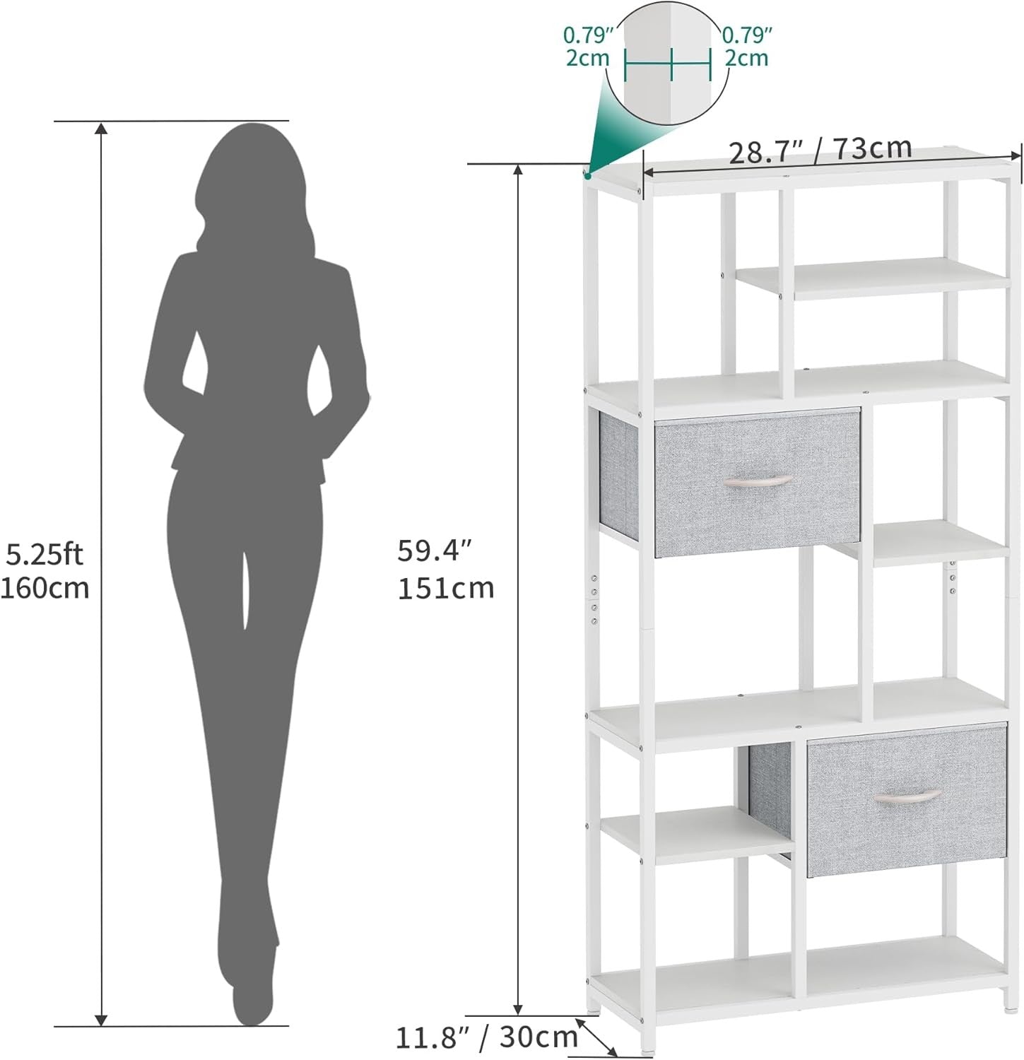 White 7-Tier Industrial Bookshelf with Drawers, Tall Storage Display Unit