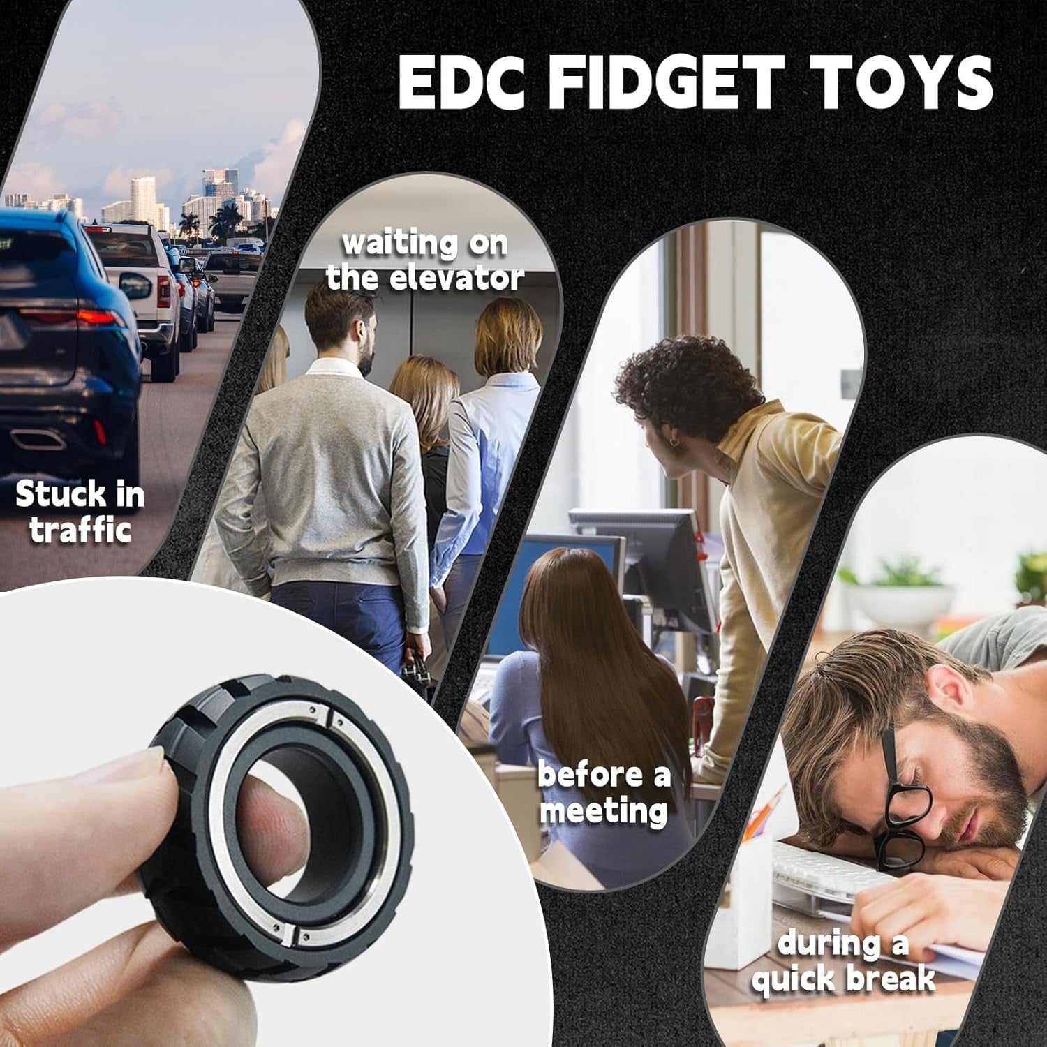 Black Mechanical Fidget Ring 2in1 Spinner Clicker Stress EDC