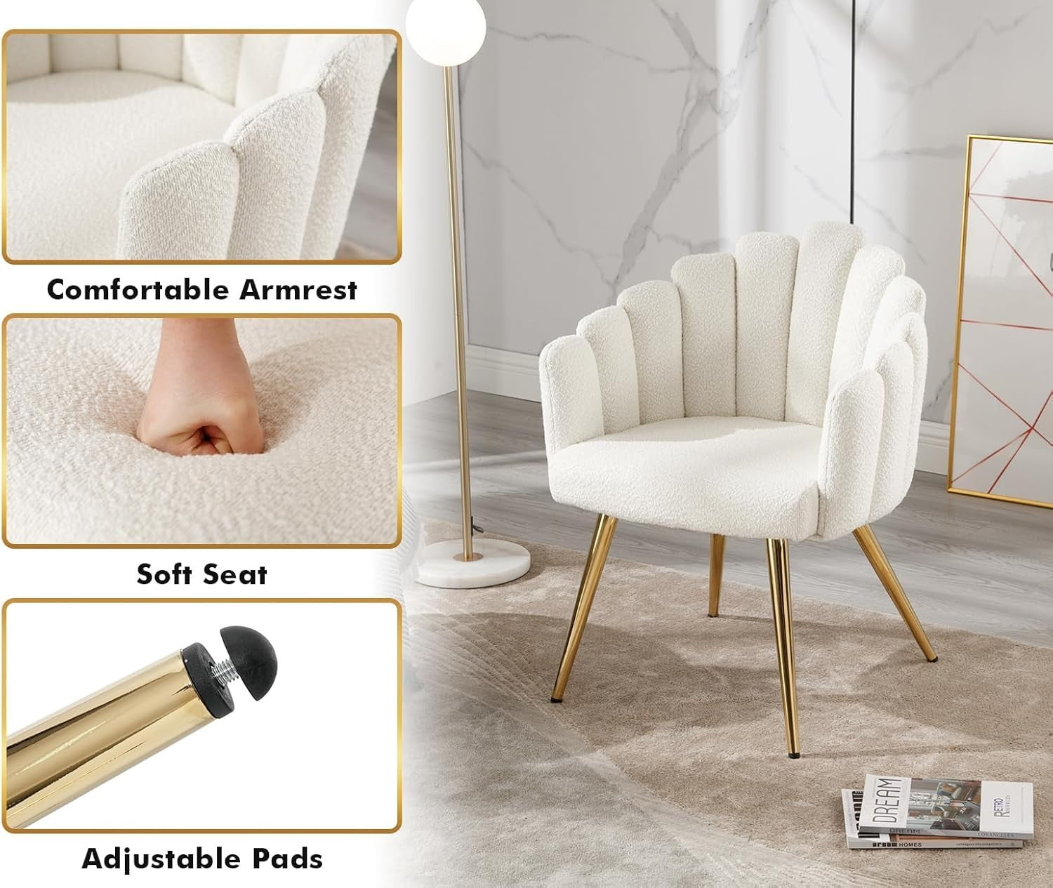White Faux Fur Accent Armchair – Modern Lounge Chair with Gold Metal Legs