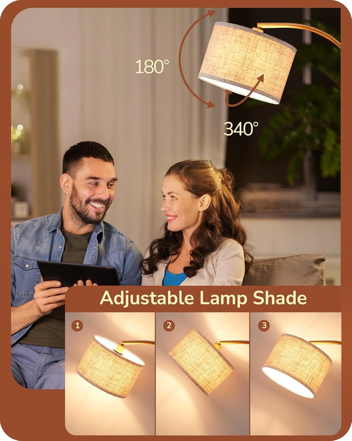 Modern Arc Floor Lamp Adjustable Linen Shade Gold Standing Light E27