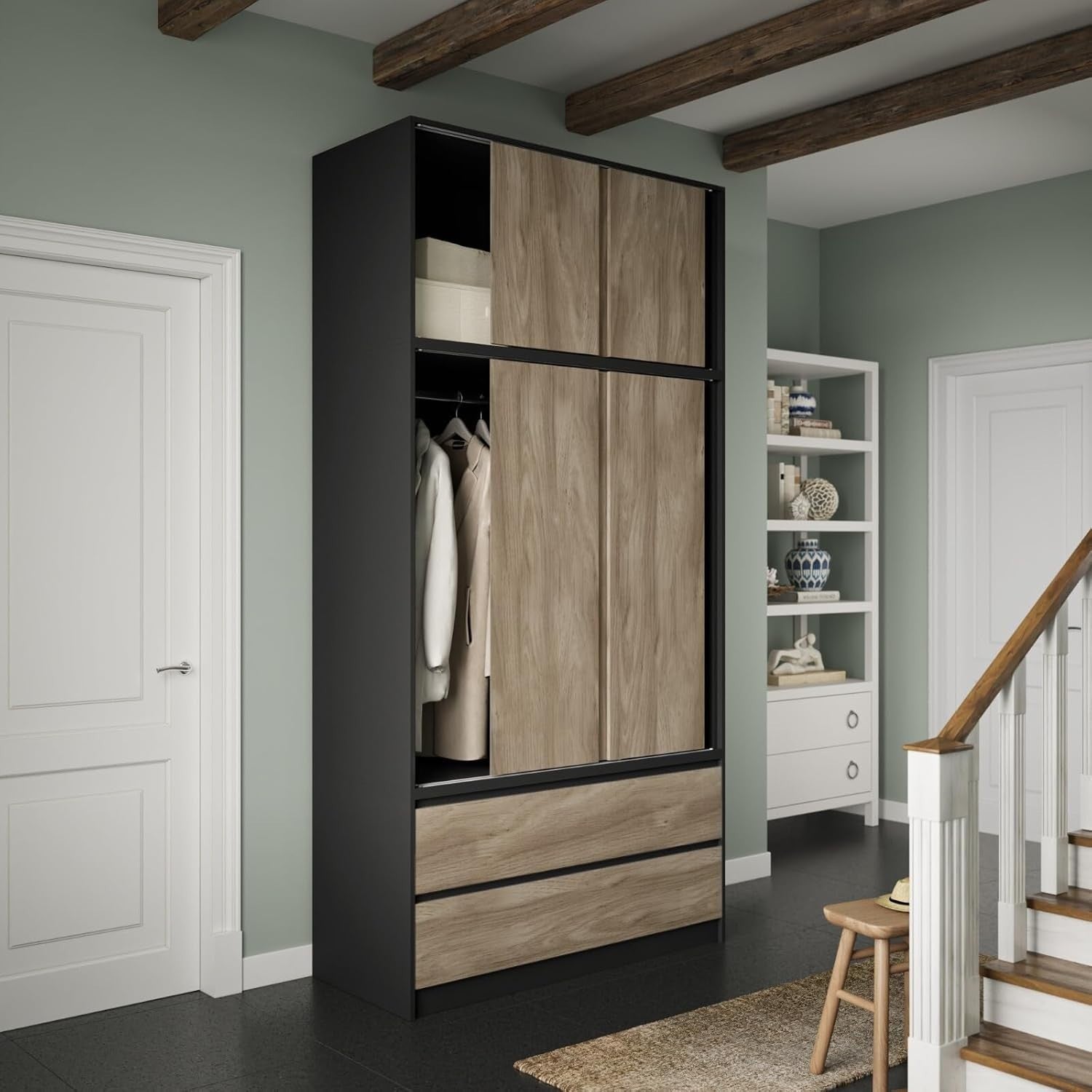 Oak Sliding Door Wardrobe 6 Doors 4 Drawers 240cm Modern Bedroom Closet