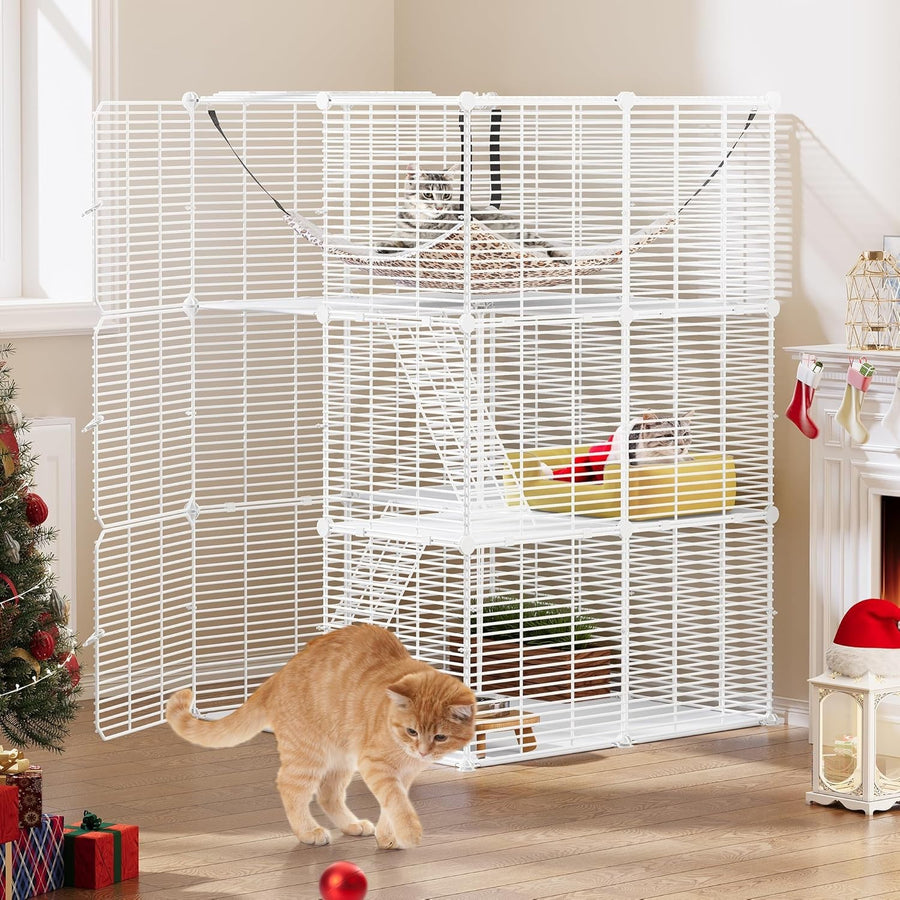 3-Tier Indoor Cat Cage Playpen w/ Hammock, Sturdy Metal Crate for 1-2 Cats