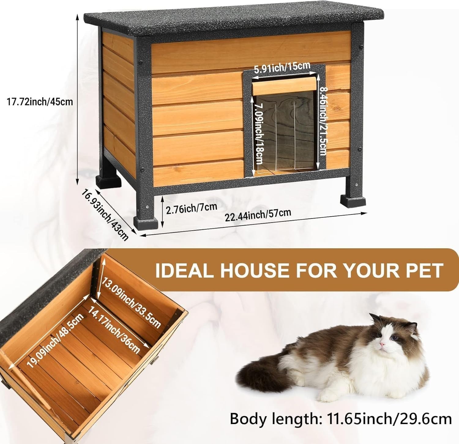 Weatherproof Wooden Cat House with Iron Frame & Waterproof Roof 57x45x43cm