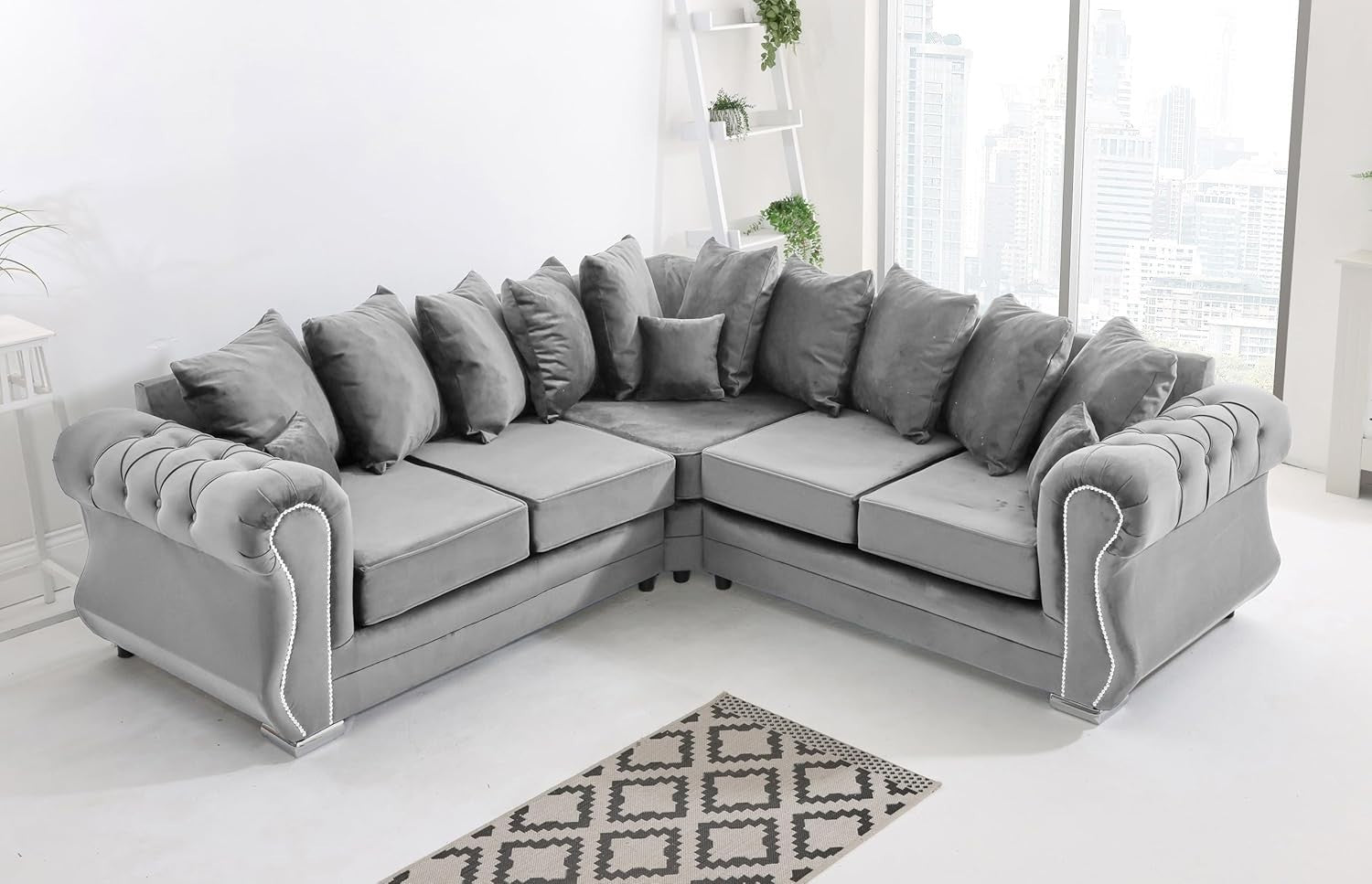 Plush Velvet 5 Seater Corner Sofa with Foam Cushions & Button Tufted - Silver