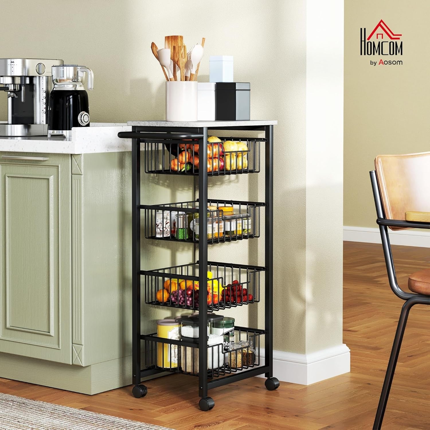 4 Tier Kitchen Storage Trolley with Pull Out Baskets Rolling Utility Cart