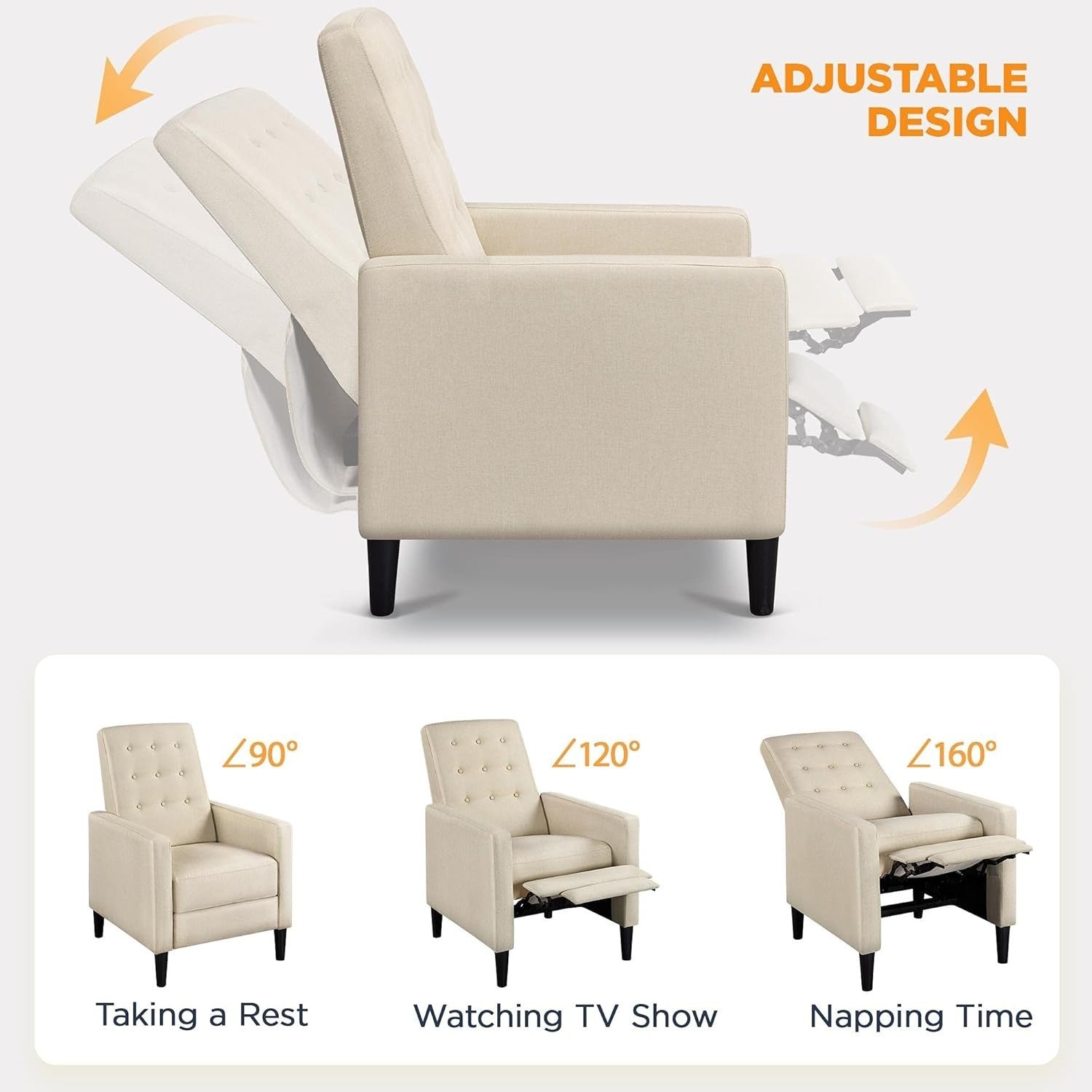 Biege Recliner Chair Sofa Adjustable Footrest Padded Seat Living Room