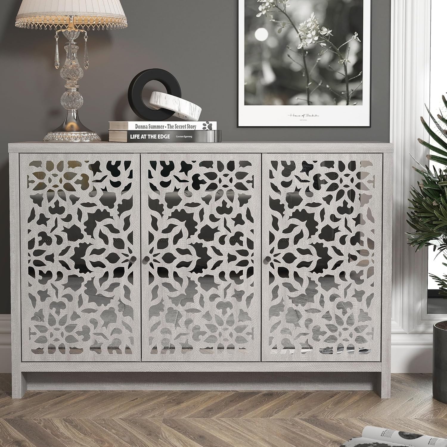 Modern 3-Door Grey Oak Sideboard Storage Cabinet with Adjustable Shelves