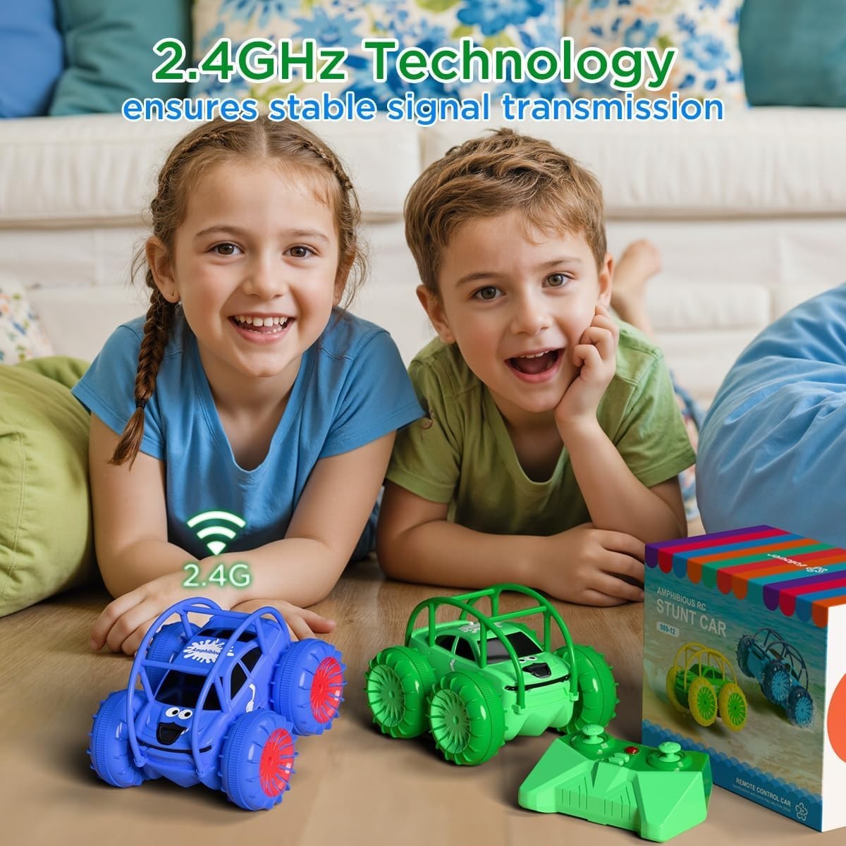 4WD Amphibious RC Car Type-C Rechargeable 360° Flip LED Lights Toy for Kids