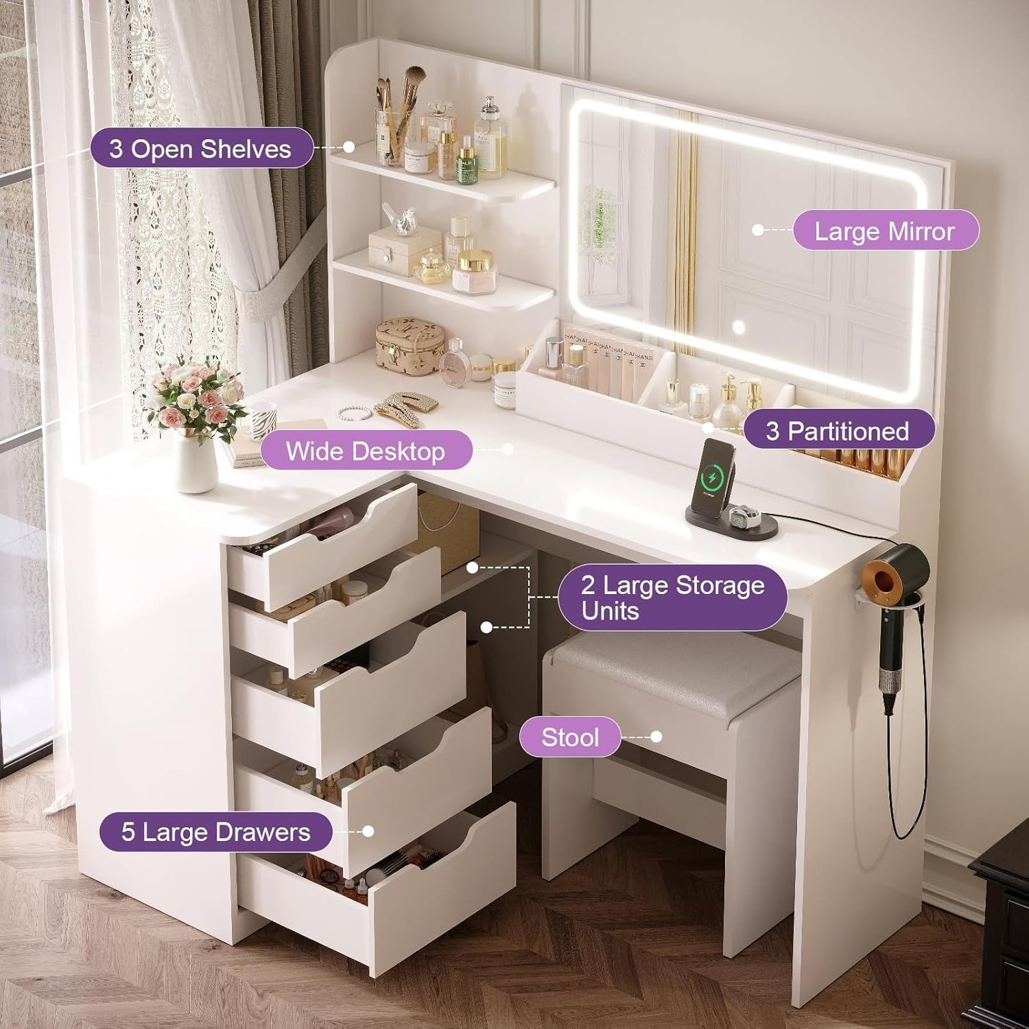 Makeup Vanity Desk Corner L-Shaped Table 5 Drawers LED Light Mirror Modern
