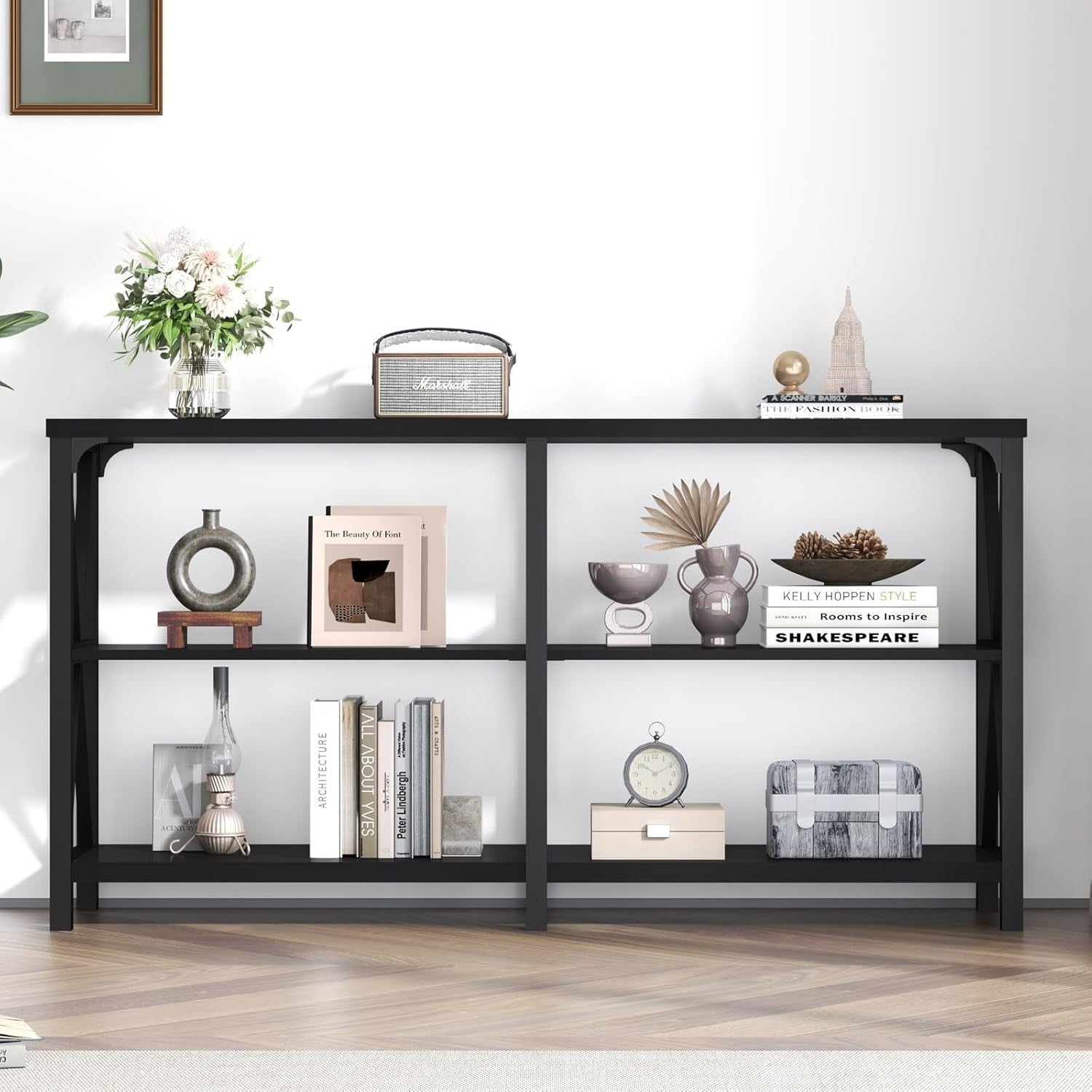 Black Oak Console Table 55” 3-Tier Shelf Metal Frame Entryway Storage