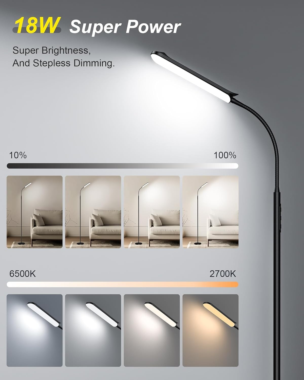 LED Floor Lamp Dimmable 18W Remote Touch Control Adjustable Reading Light