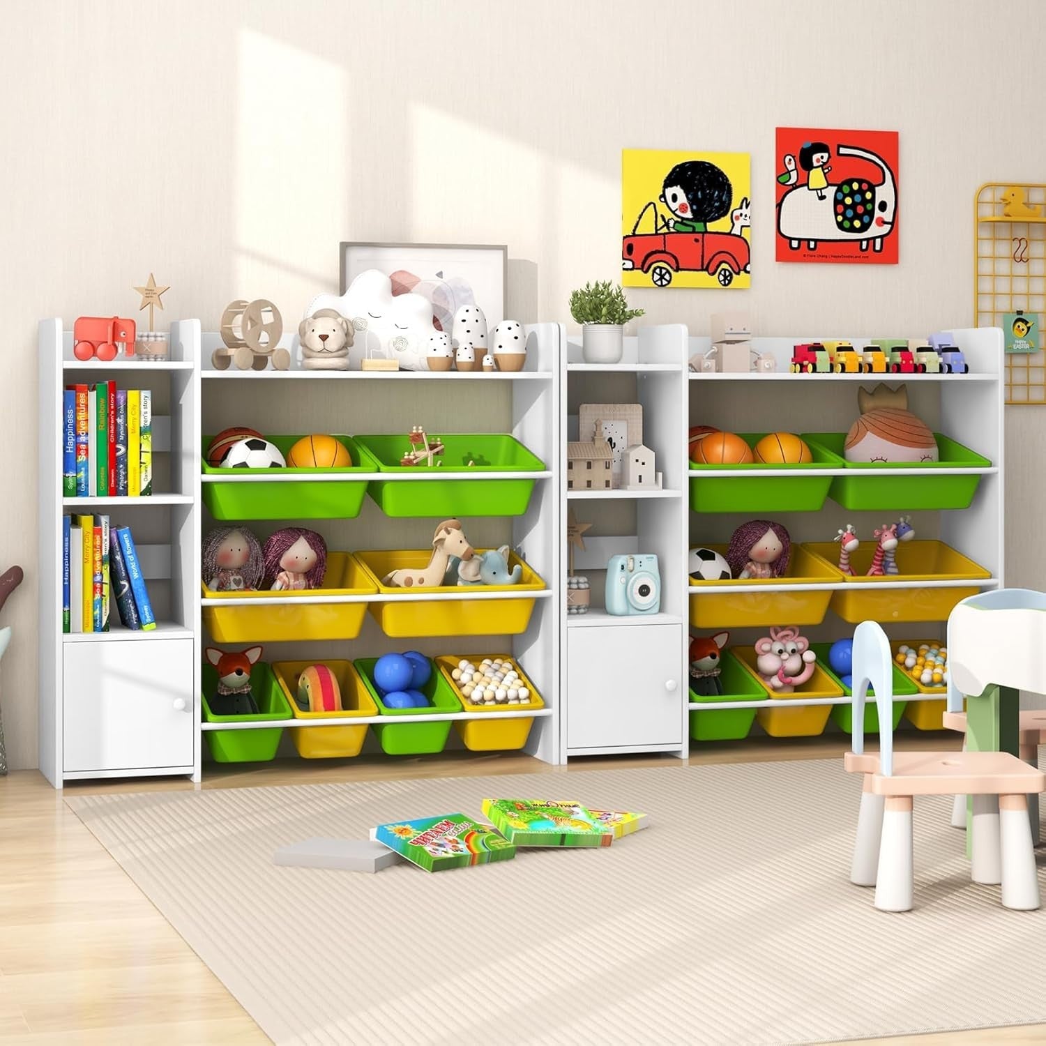 4 Tier Kids Toy Storage Organizer with Bins & Cabinet Bookshelf Unit White