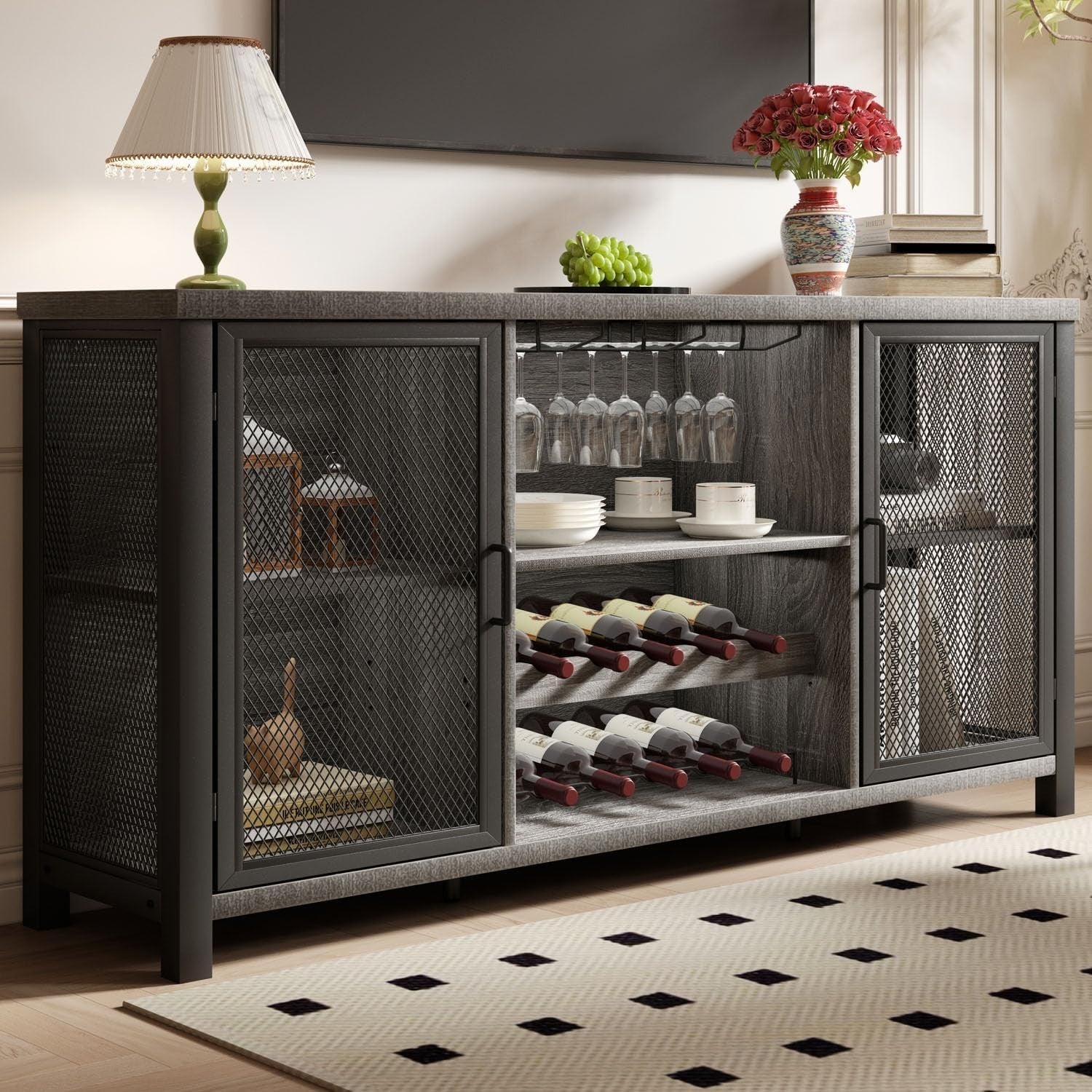 Large Industrial Bar Cabinet with Wine Racks Glass Storage Sideboard Light Grey