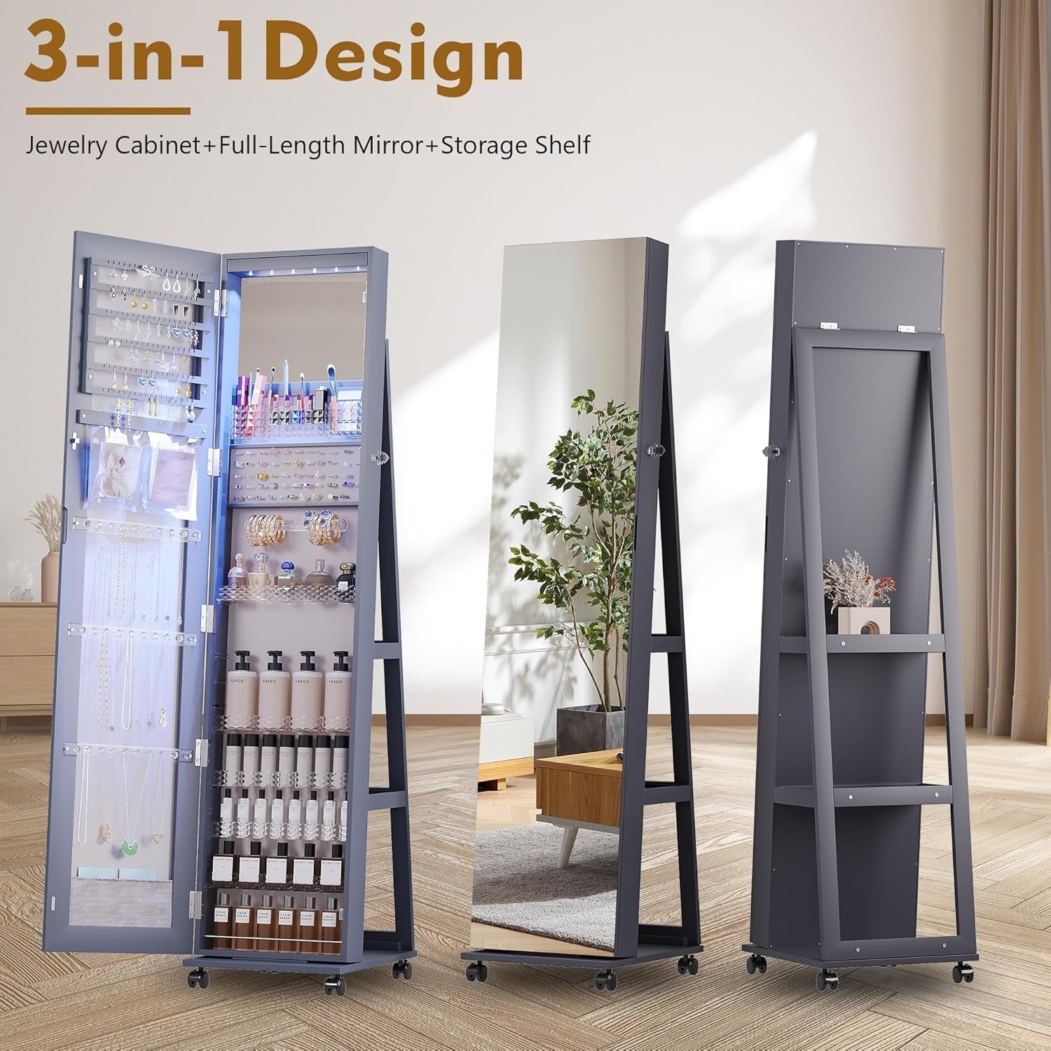 360° Swivel Jewelry Cabinet LED Full Length Mirror Rolling Storage Gray