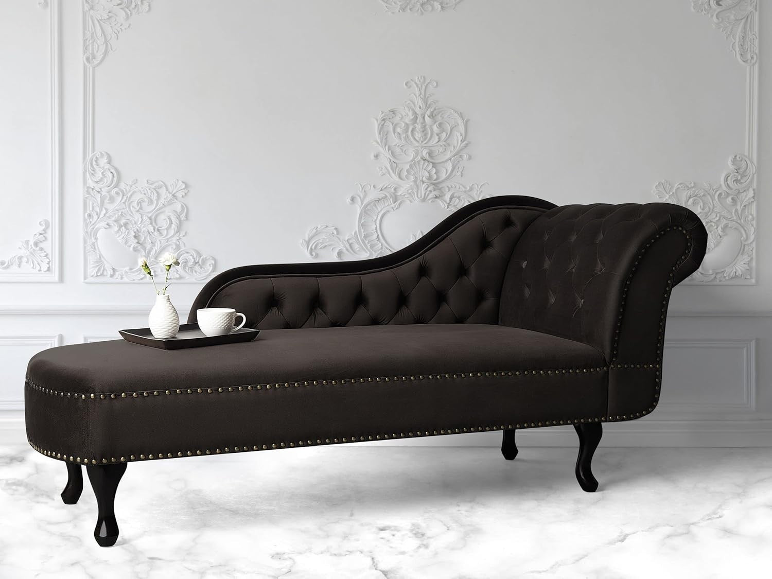 Brown Right Hand Chesterfield Chaise Lounge Velvet Fabric Classic Design