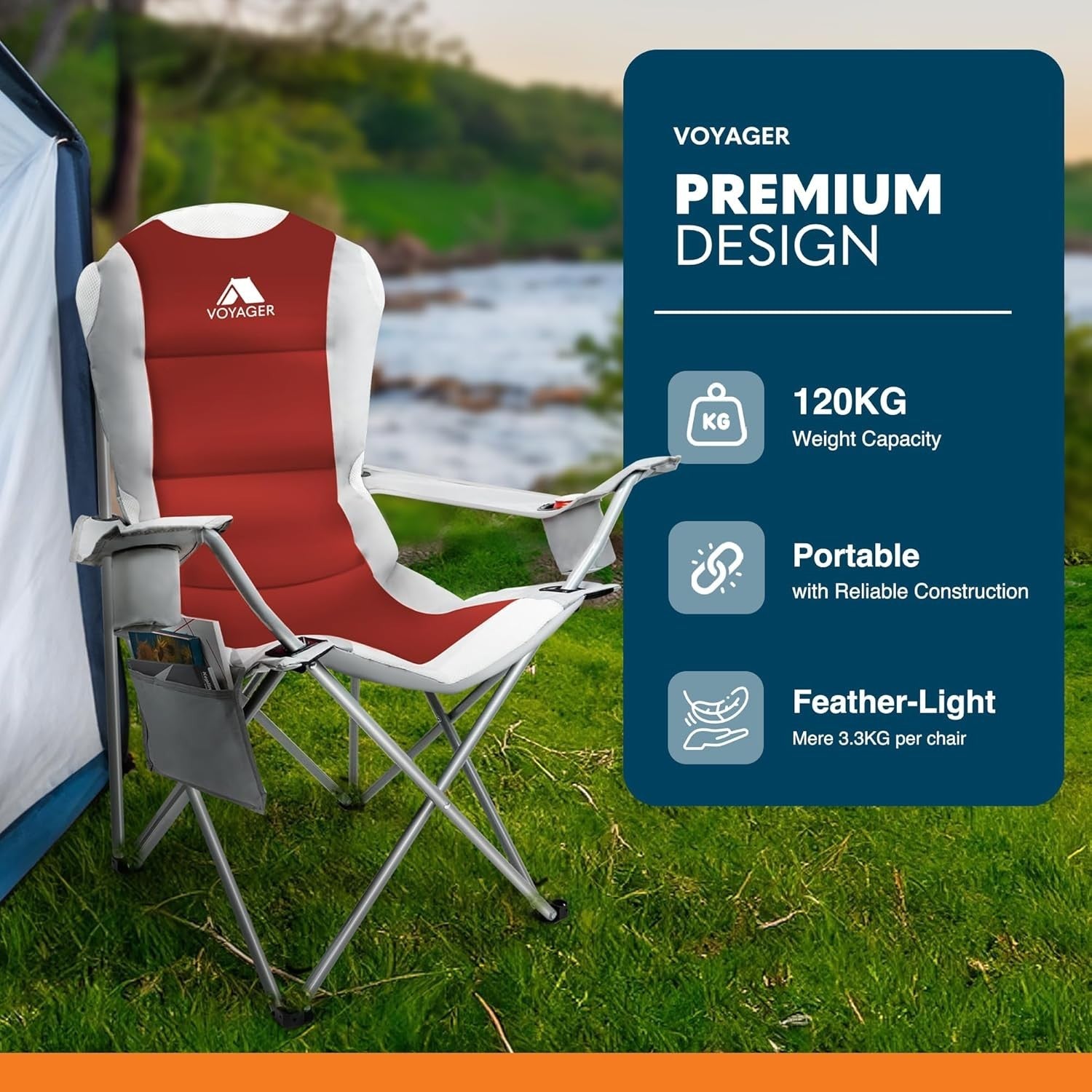2x Padded Folding Camping Chairs W/Cup Holder, Pockets, Heavy Duty