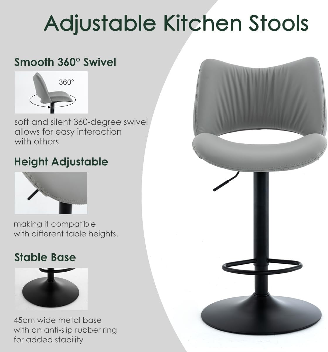 Adjustable Bar Stools 2pcs Grey PU Leather Swivel Kitchen Counter Chairs