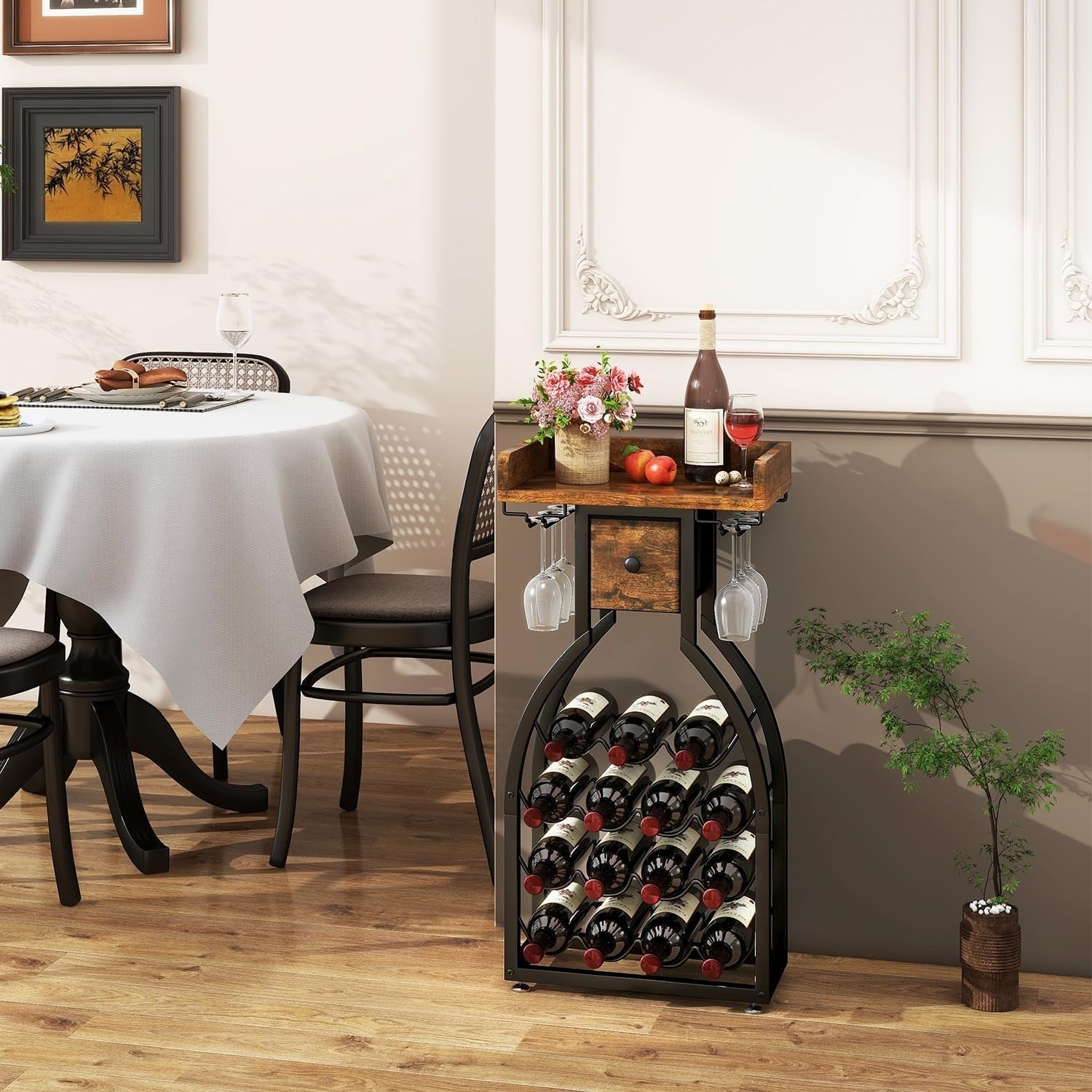 Freestanding Wine Rack Bar Cabinet 15 Bottle Storage with Glass Holder & Drawer