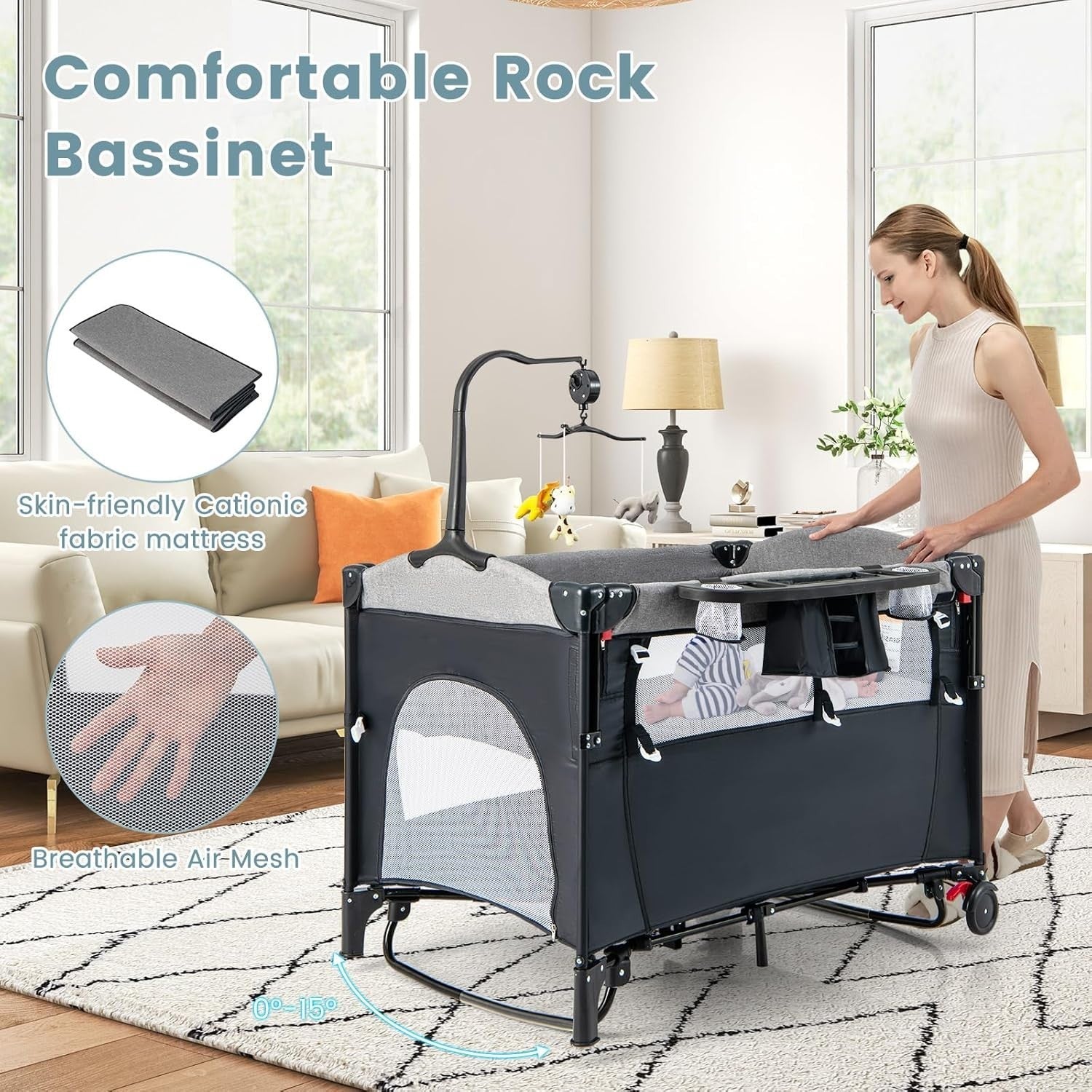 5in1 Baby Travel Cot Bedside Crib Bassinet w/ Mattress Changer Music Toys Black