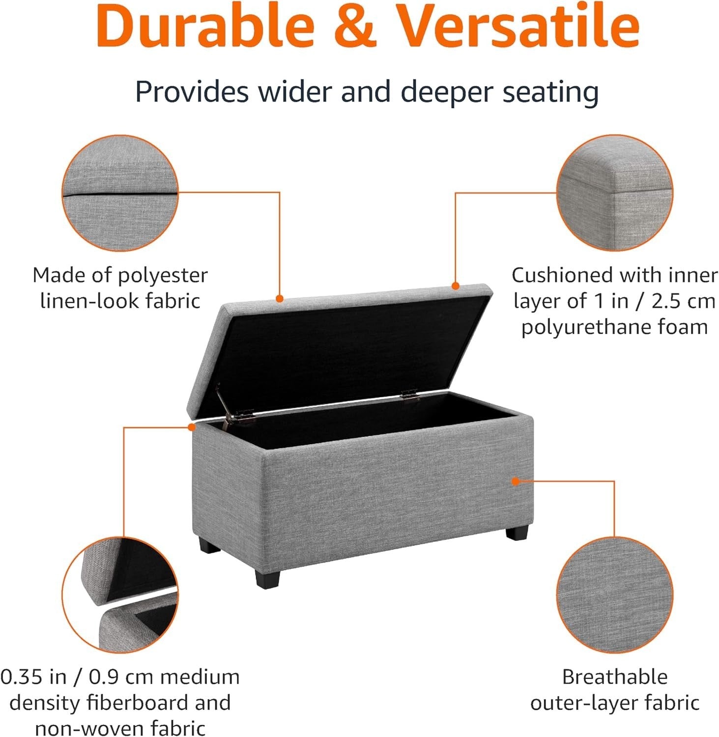 Beige Upholstered Storage Ottoman Bench Soft Close Lid Fabric Seat Box 90x42x43