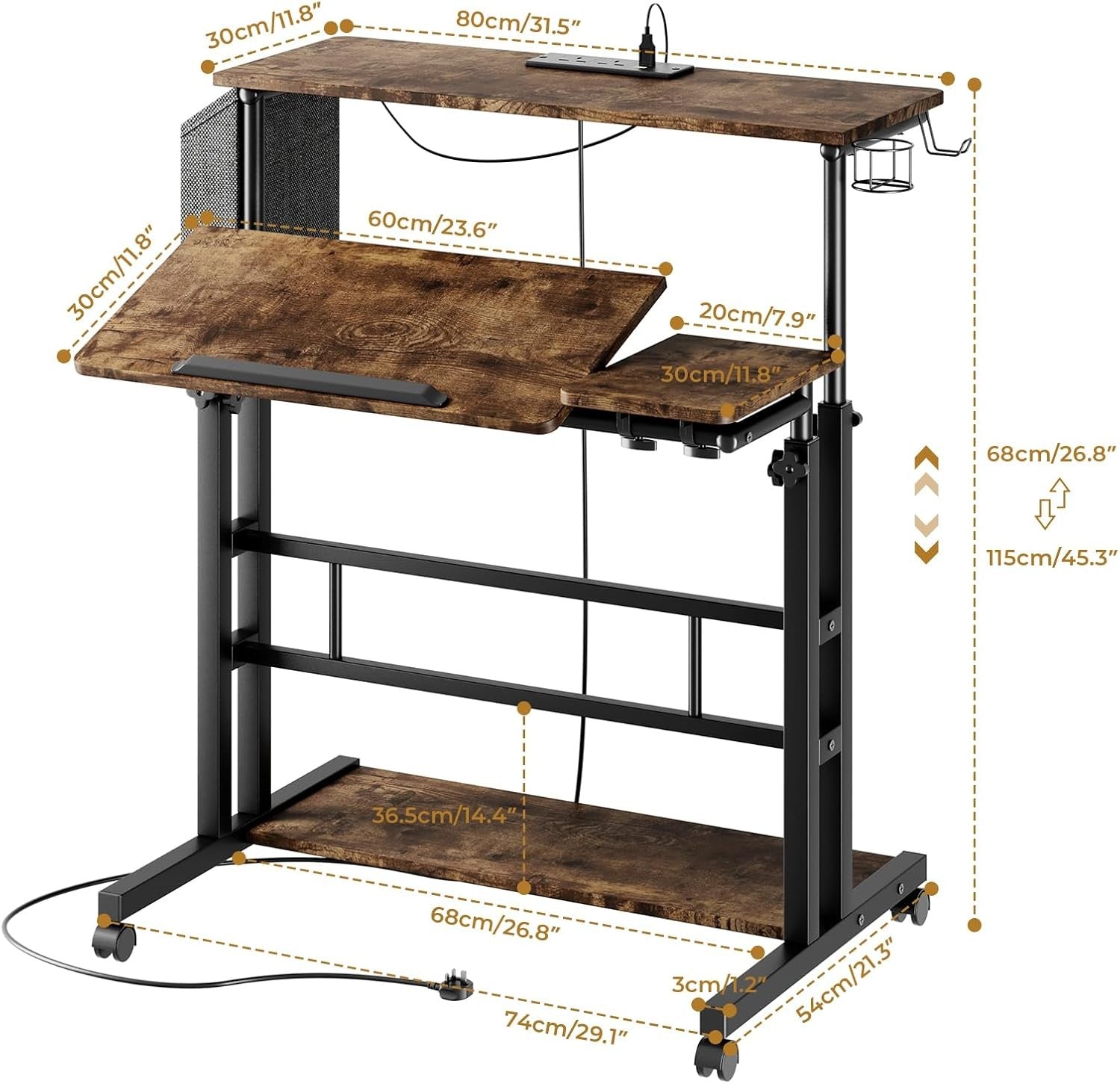 Height Adjustable Standing Desk with Power Outlets Rolling Stand Table