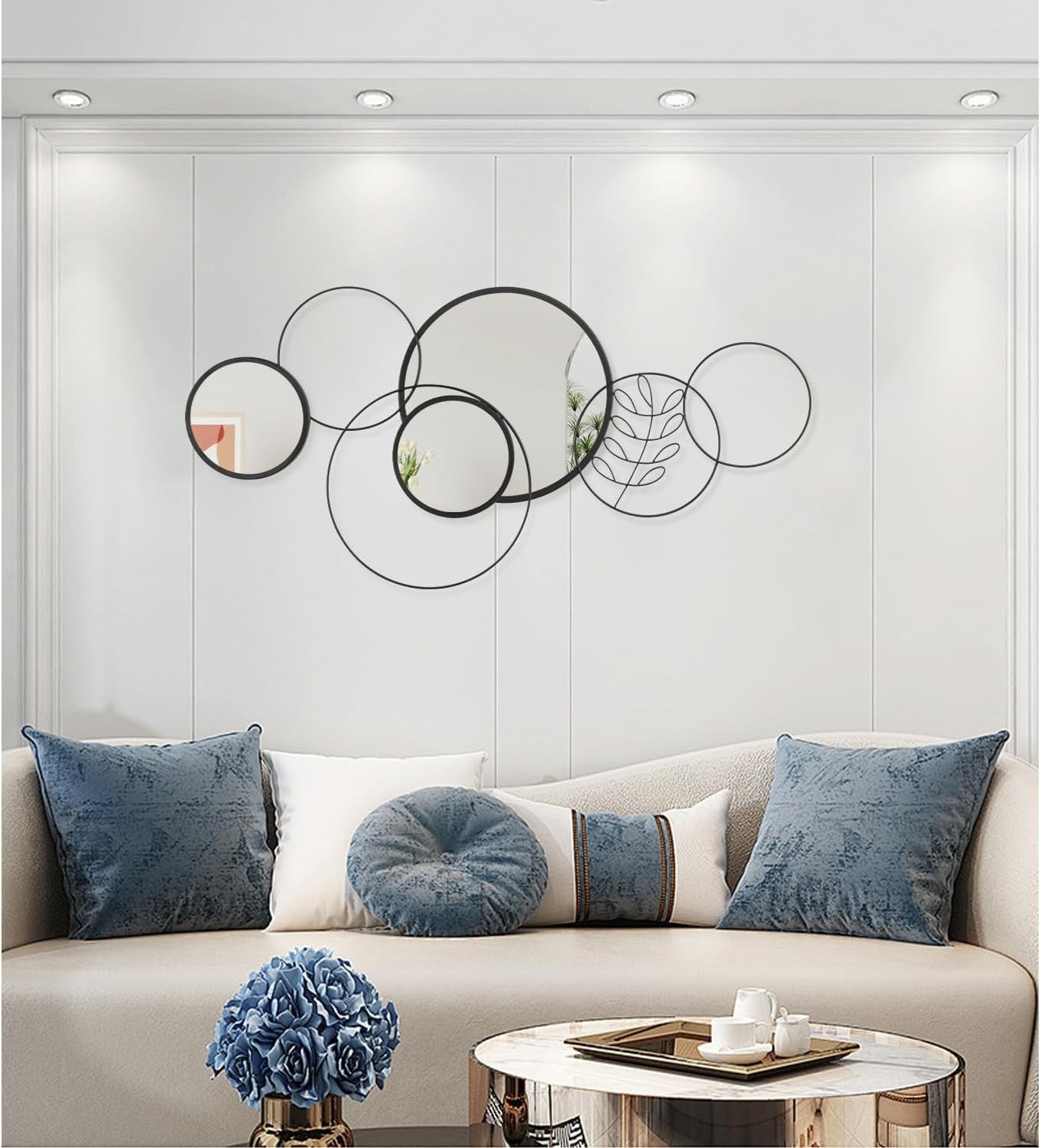 4Pcs Round Wall Mirror Set Black Metal Frame 40x80CM