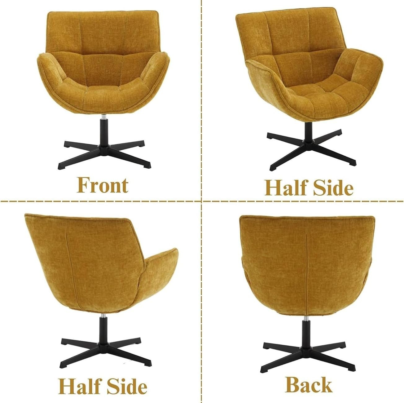 Swivel Chenille Tub Chair 360° Rotating Accent Armchair Yellow Lounge Seat