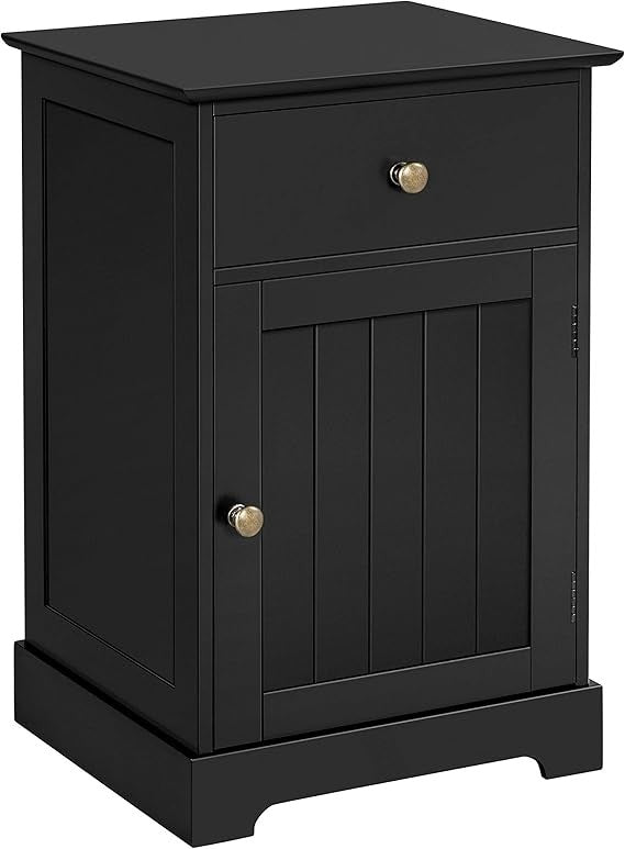 Black Wooden Bedside Table with Drawer & Cupboard | Adjustable Shelf Storage
