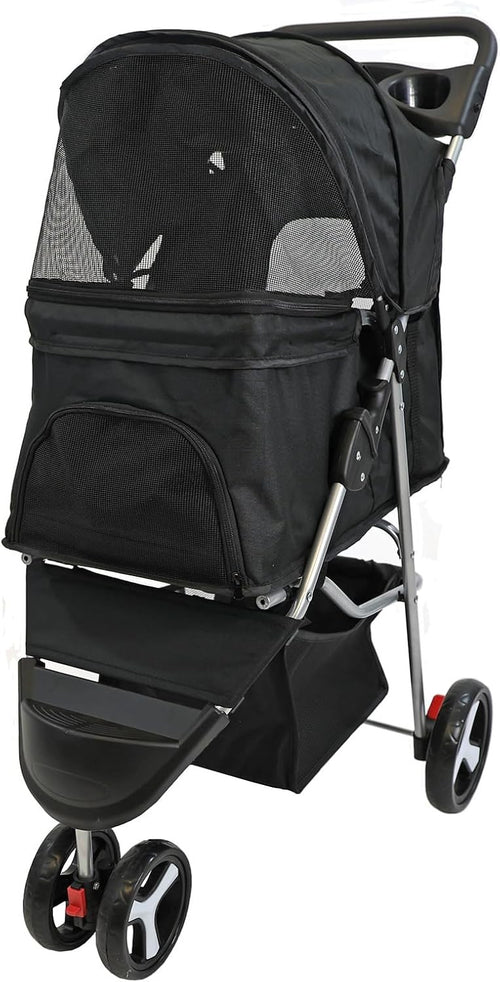 Black Foldable Pet Stroller 4 Wheel Puppy Pushchair Weather Shield 15kg