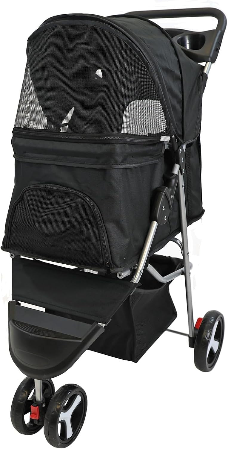 Black Foldable Pet Stroller 4 Wheel Puppy Pushchair Weather Shield 15kg