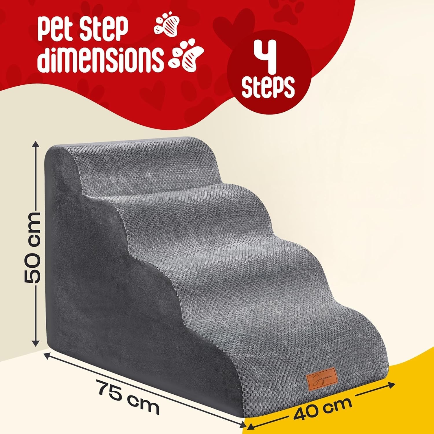 Grey 4 Step Dog Stairs 30D Foam Pet Steps Non Slip 75x50x40cm