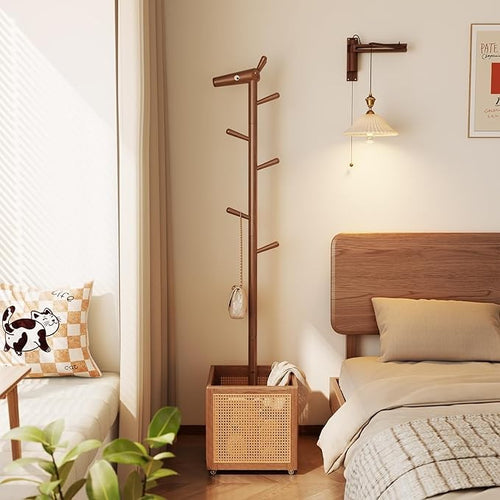 Walnut Wooden Coat Rack Stand | 5 Hooks with Storage Basket Hall Tree