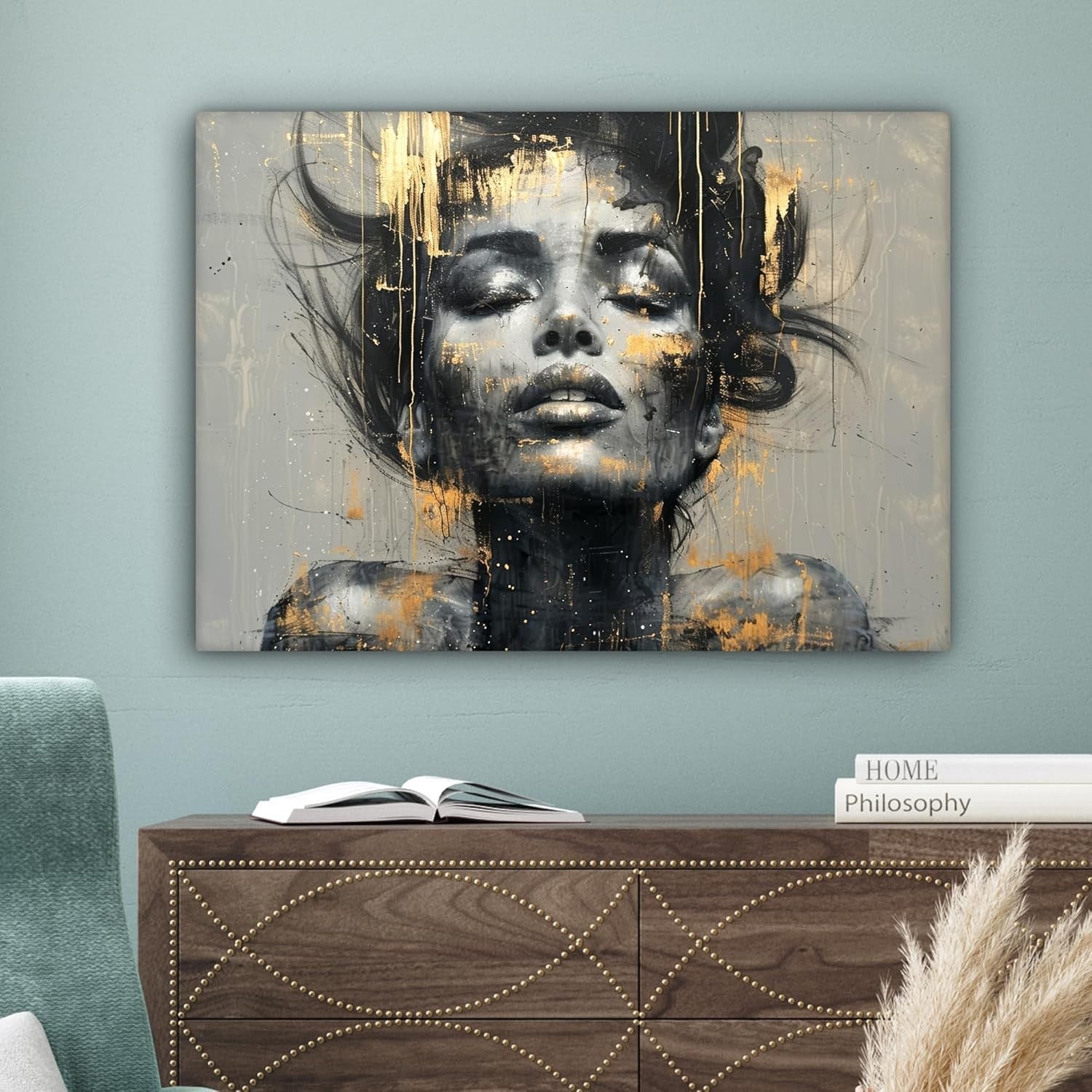 Abstract Woman Canvas Wall Art Gold Glamour Modern 70x50cm Living Room Decor