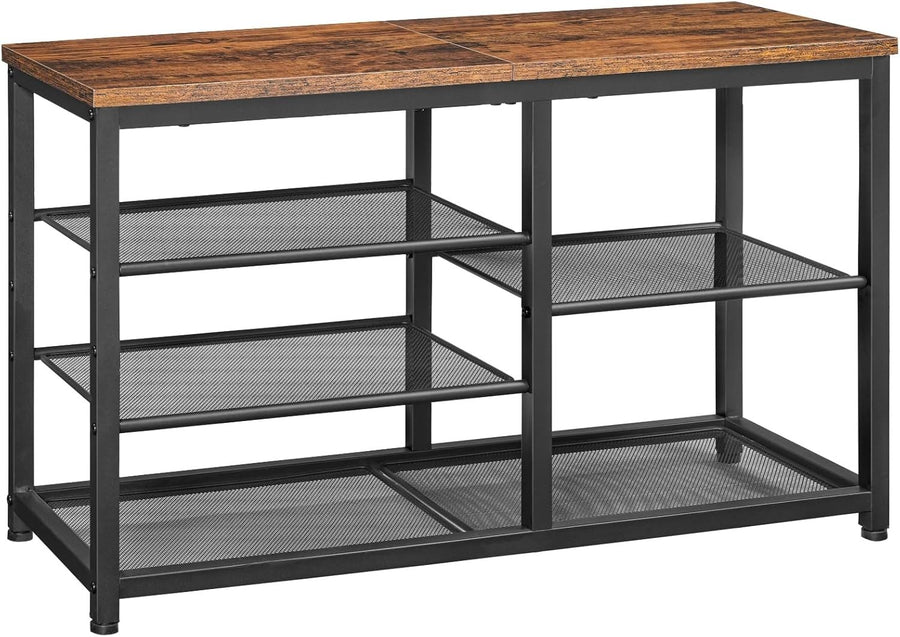 Rustic Brown 5-Tier Shoe Storage Bench with Seat Metal Frame Entryway Rack