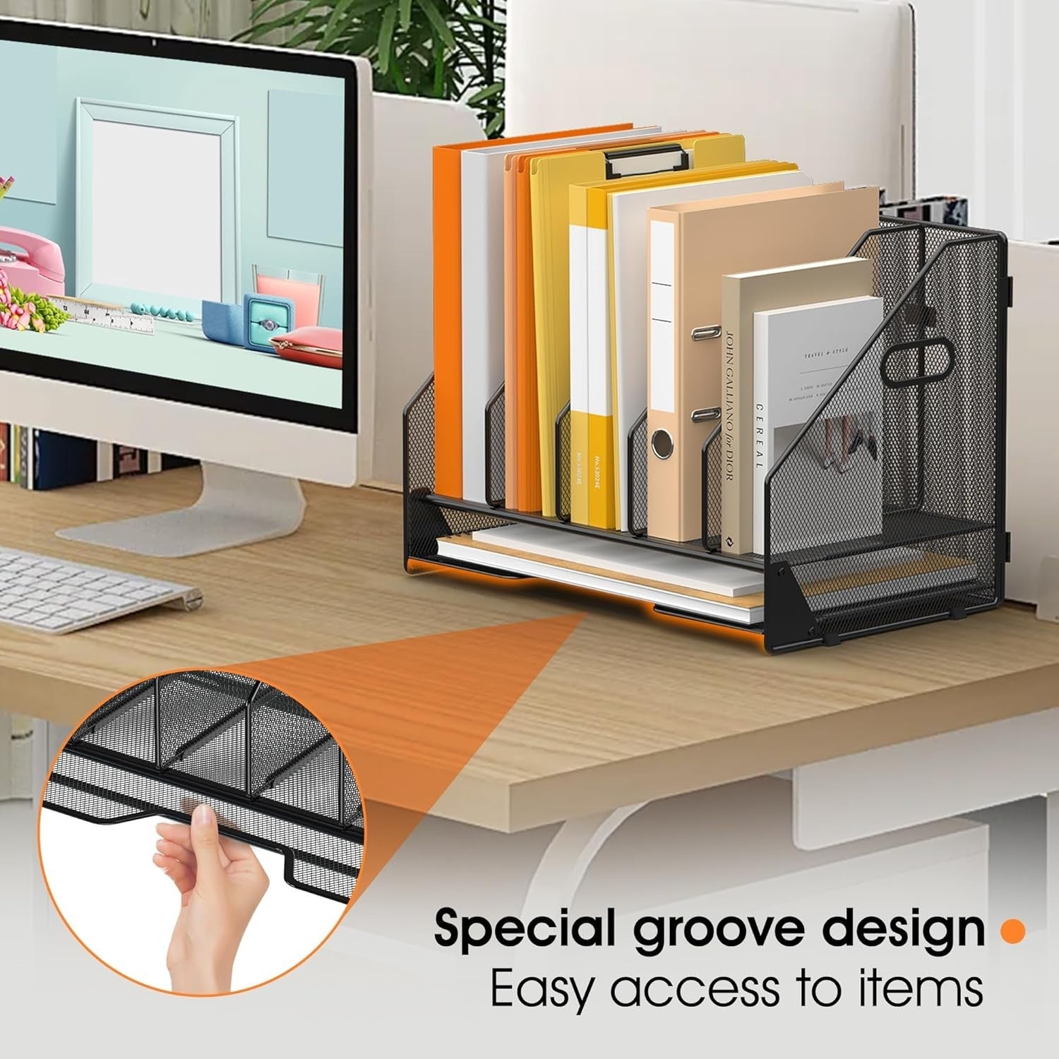 Desktop File Organizer Rack – 5 Vertical Compartments, Mesh Folder Holder, Home