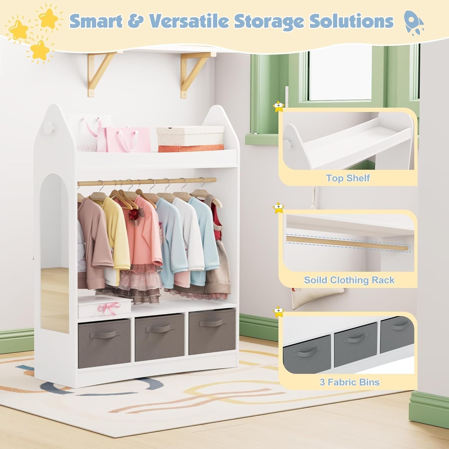 Kids Wardrobe Dress Up Storage with Mirror Costume Rail Closet Armoire White