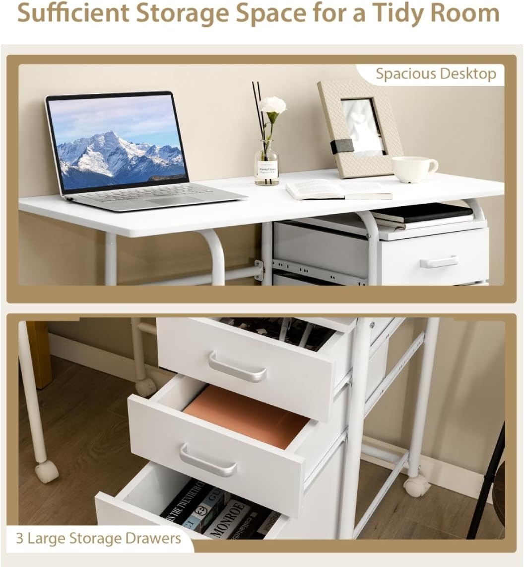 Folding Computer Desk with Wheels & Drawers 105x50x75cm, White