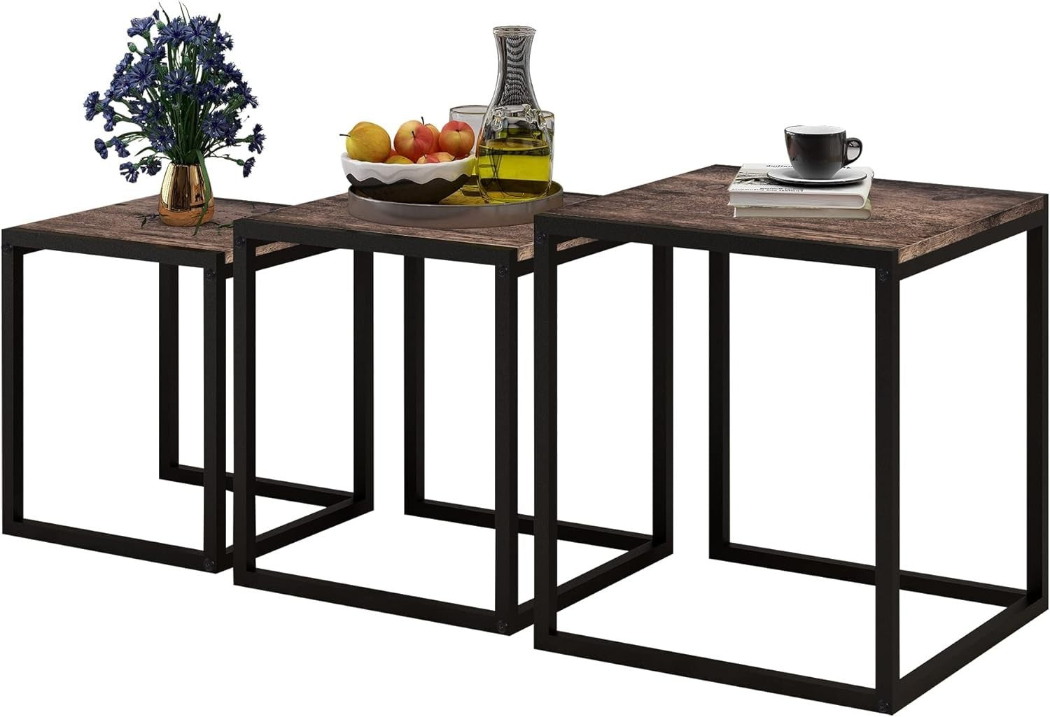 Space Saving Nesting Coffee Table Set of 3 Brown Square End Side Tables Living R