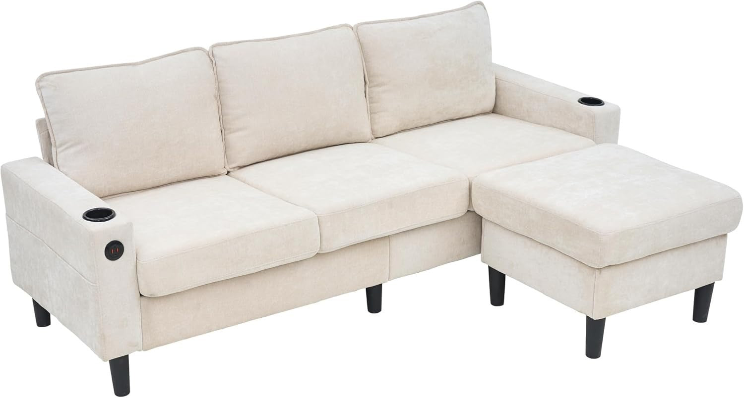 3 Seater L Shape Sofa Bed Beige w/ Chaise, USB, Storage Ottoman, Linen