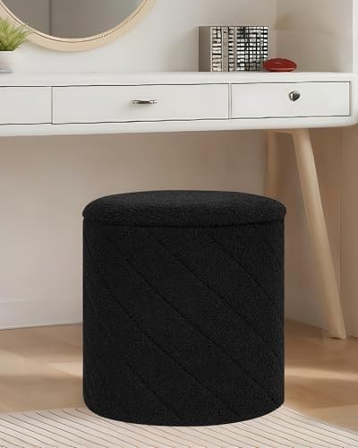 Black Round Storage Ottoman Footstool 3-in-1 Seat with Lid 43x43x45cm