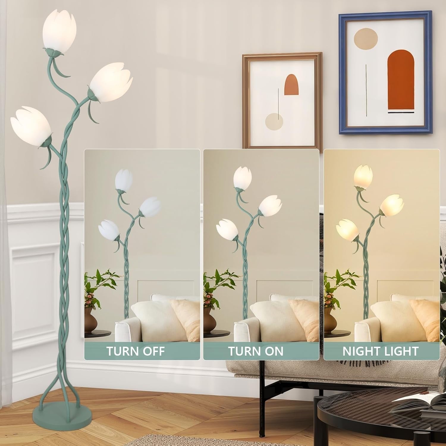 3-Light Floor Lamp Tulip Shades Adjustable LED Standing Lamp for Living Room