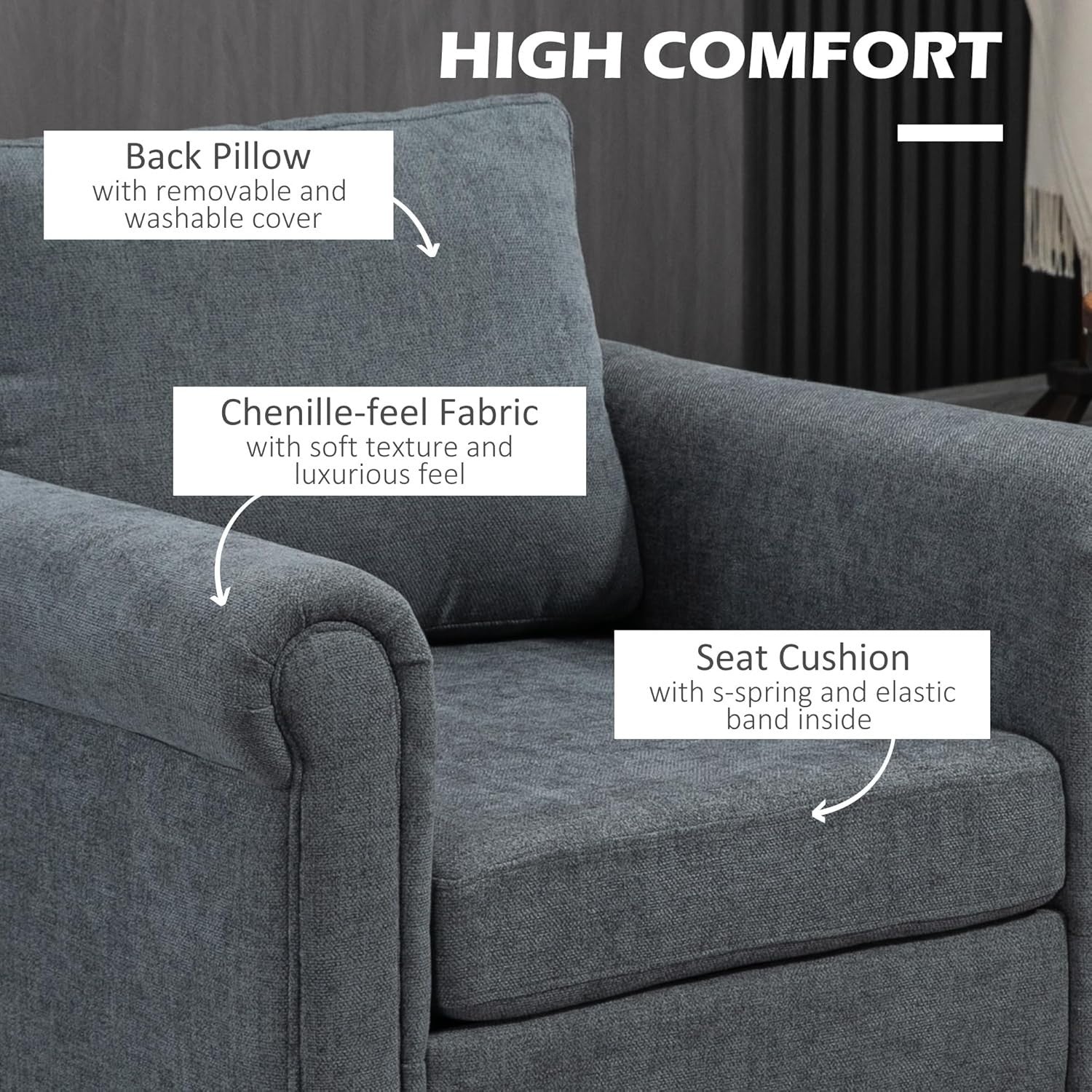 Dark Grey Upholstered Accent Armchair with Back Pillow & Rubber Wood Legs