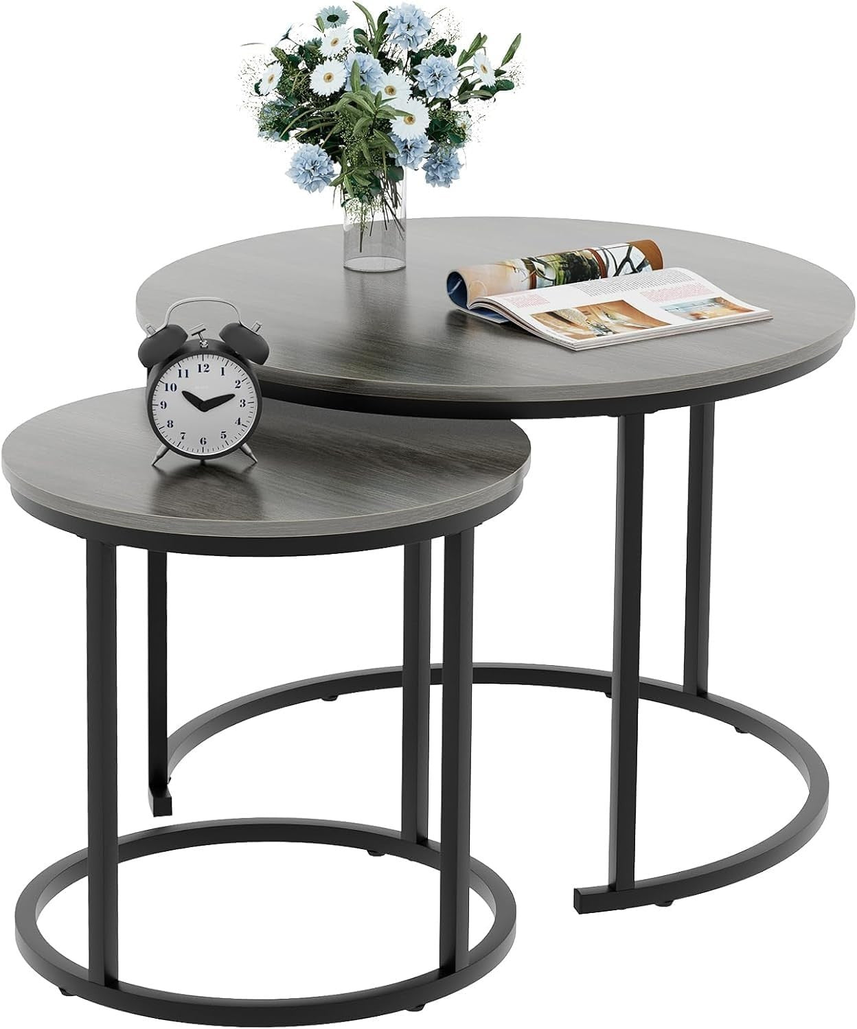2-Piece Nesting Round Coffee Table Set with Gray Top & Black Metal Frame