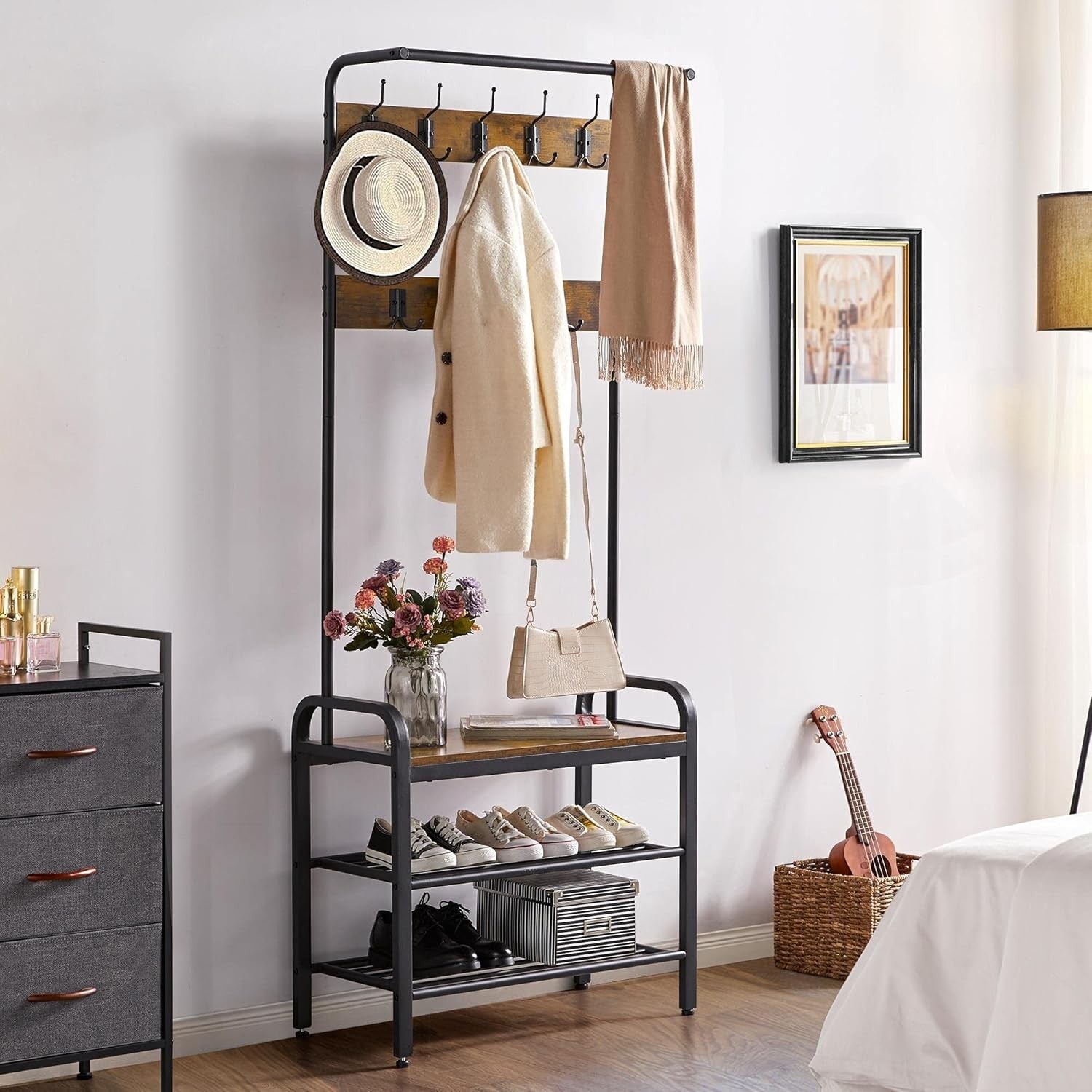 Rustic Hall Tree Coat Rack | Freestanding 2 Shelf 23 Hook Organizer Unit