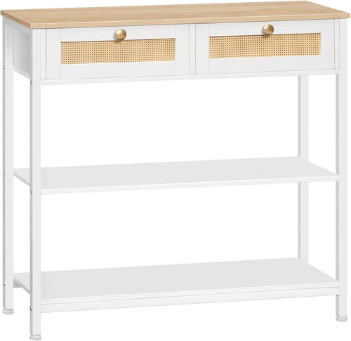 White Rattan Console Table with Drawers & Shelves, Slim 80cm Hallway Unit