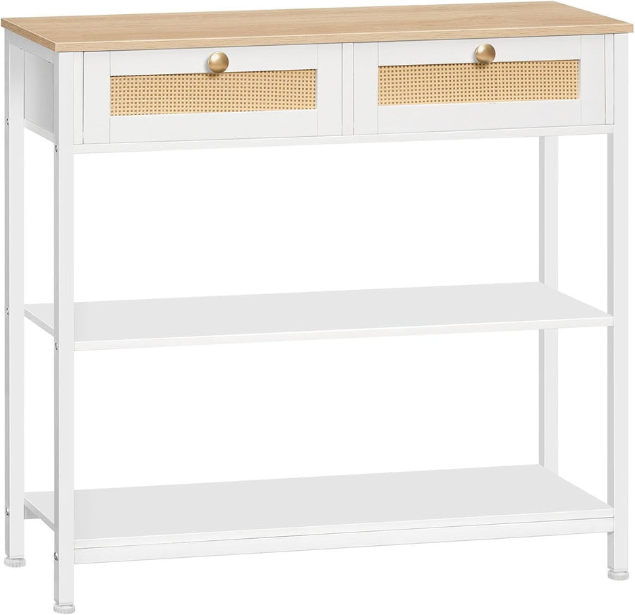 White Rattan Console Table with Drawers & Shelves, Slim 80cm Hallway Unit