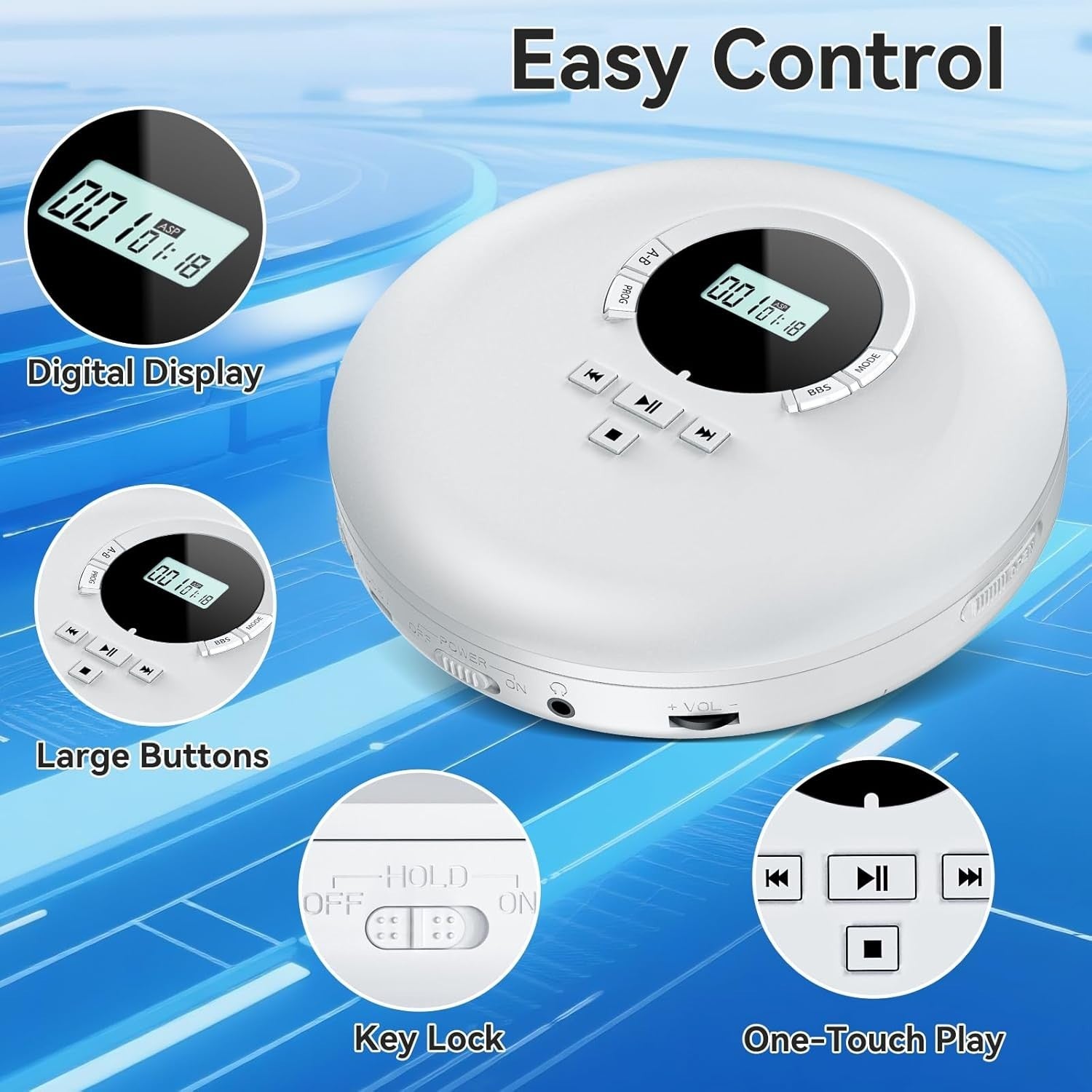 Portable CD Player Anti Skip LCD Display Headphones AUX Personal White