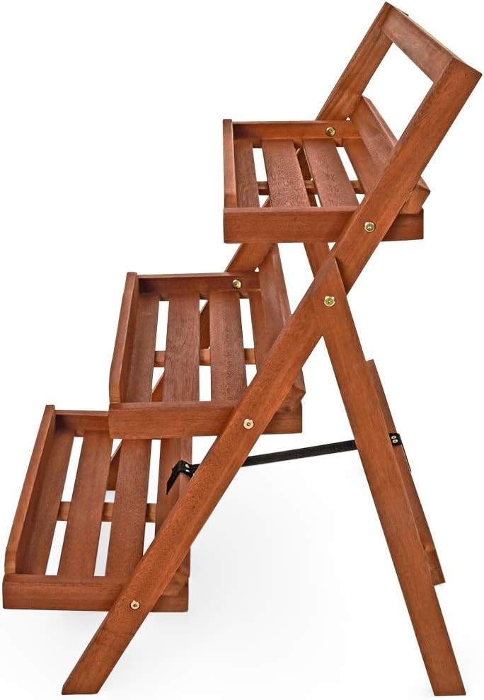 3-Tier Folding Wooden Plant Stand Indoor Outdoor Acacia Ladder Shelf Rack